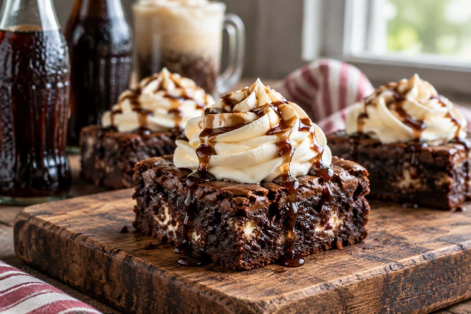 Close-up of easy creamy root beer float brownies topped with vanilla frosting and root beer drizzle