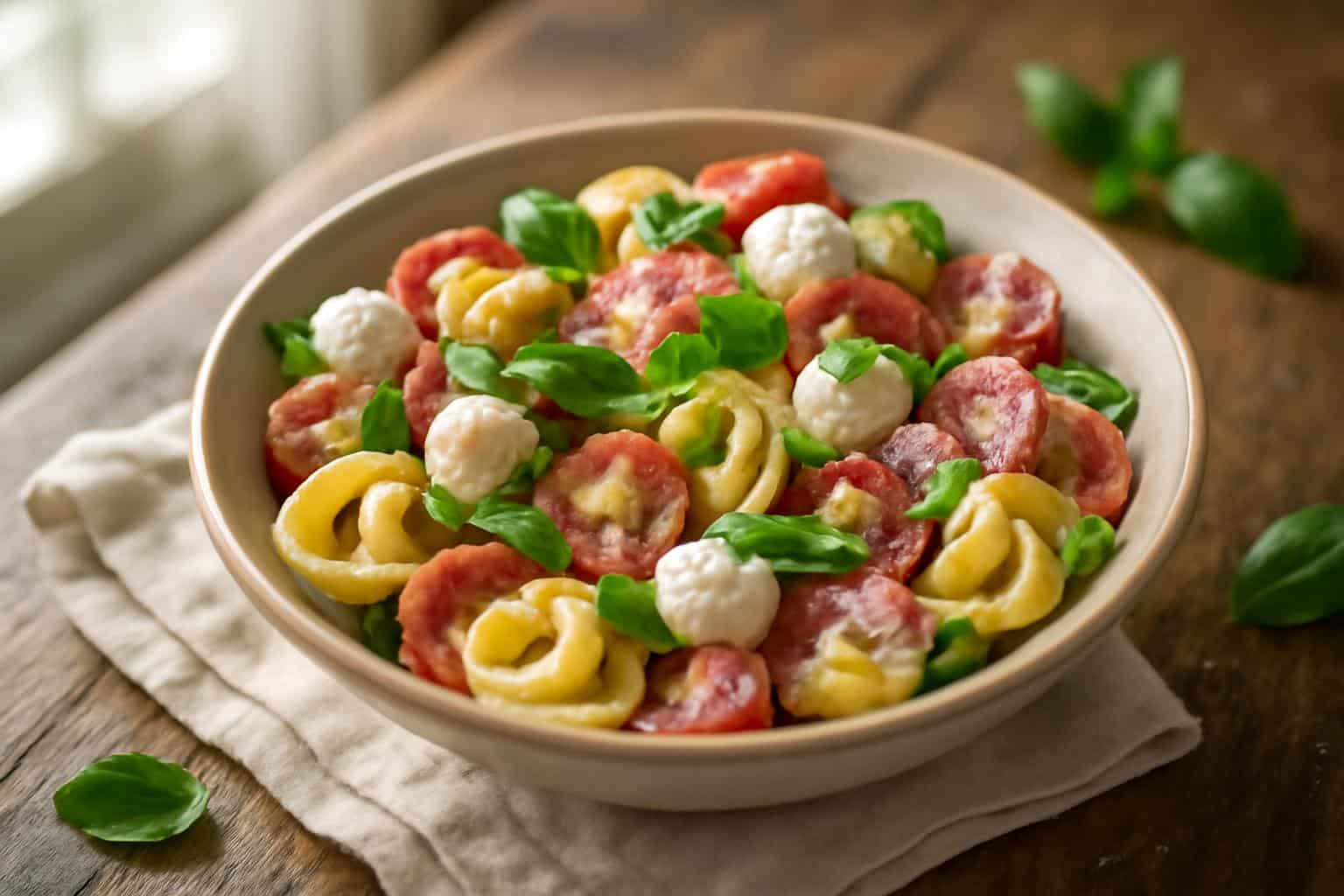 Creamy salami and mozzarella tortellini salad garnished with fresh basil and cherry tomatoes
