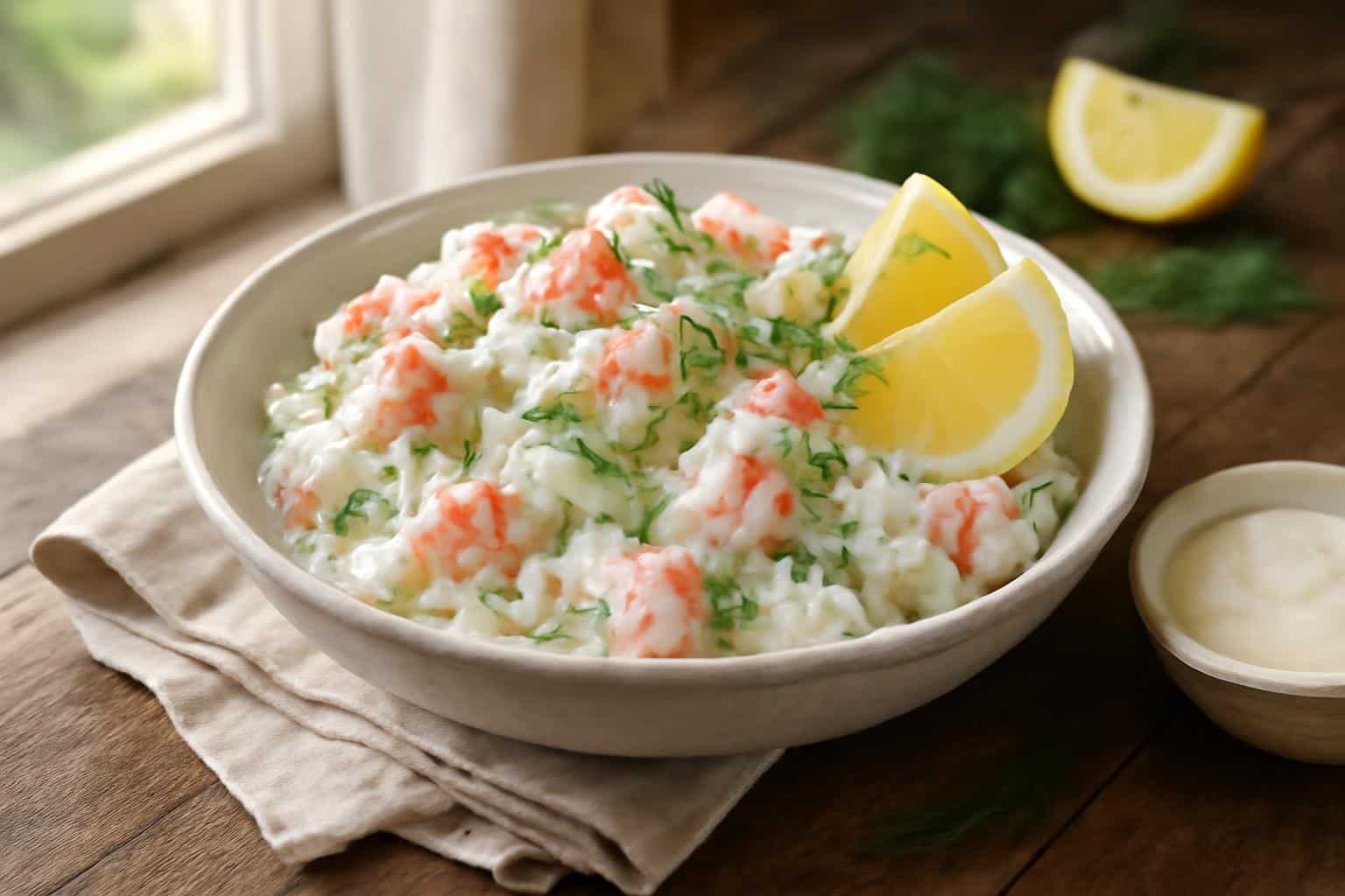 Creamy seafood salad with savory imitation crab garnished with fresh dill and lemon wedges