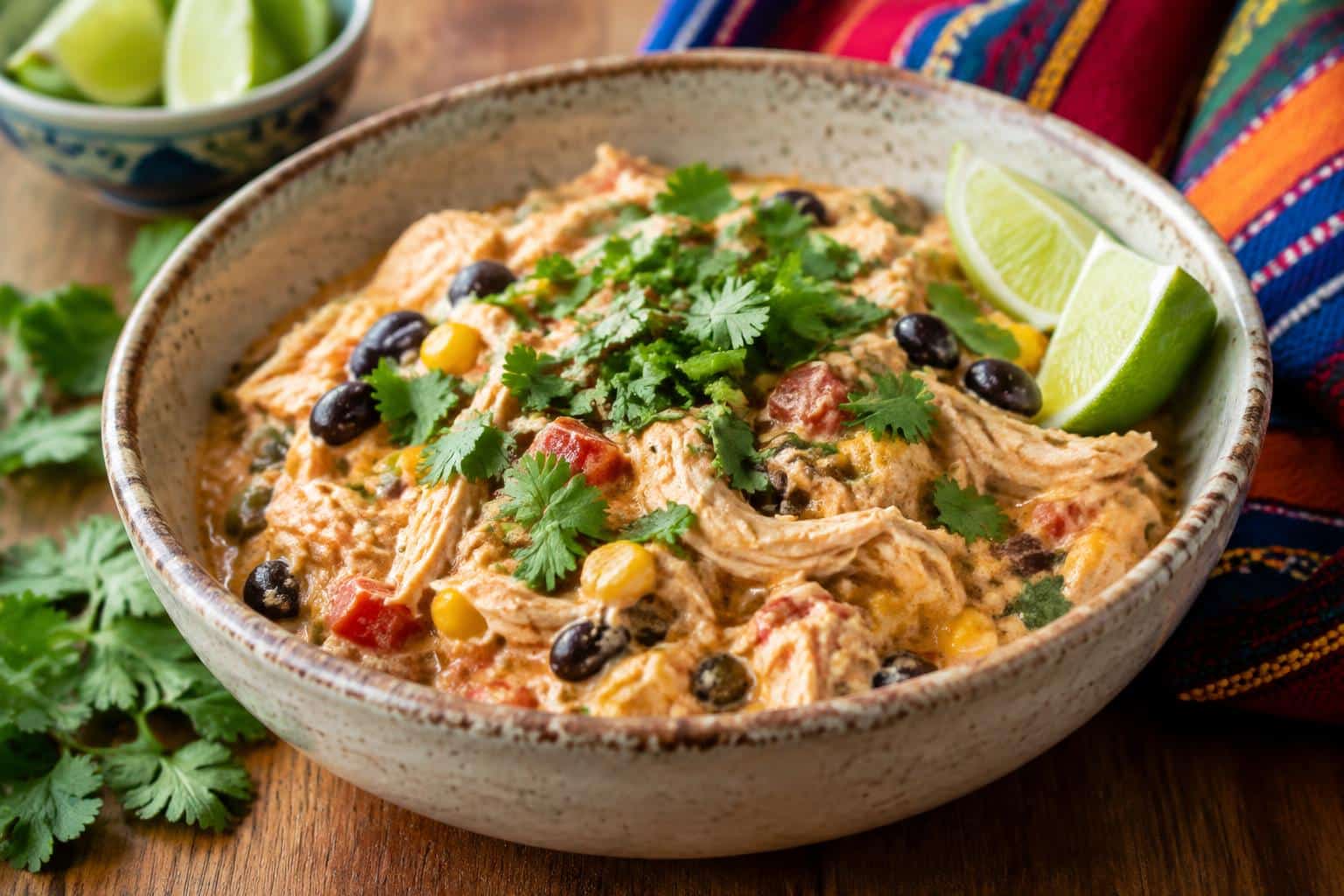 Creamy slow cooker fiesta chicken garnished with cilantro and lime wedges in a rustic bowl