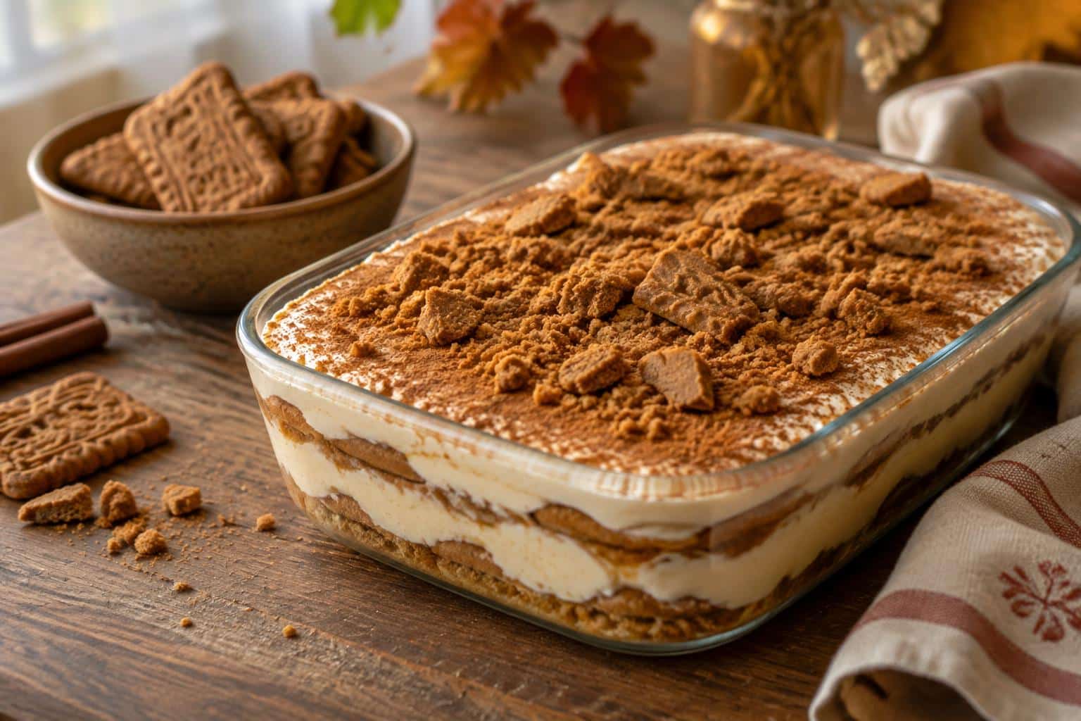 Easy creamy speculoos tiramisu dessert with cinnamon dusting and crushed cookies on top