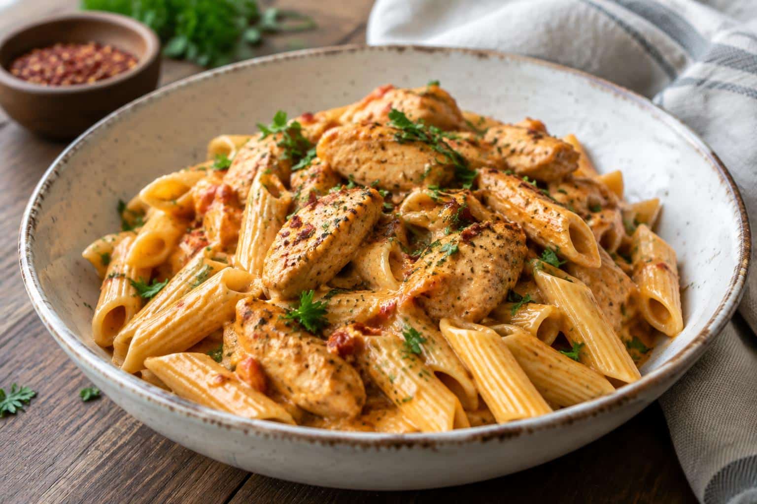 Creamy spicy chicken pasta on a rustic plate garnished with parsley and chili flakes