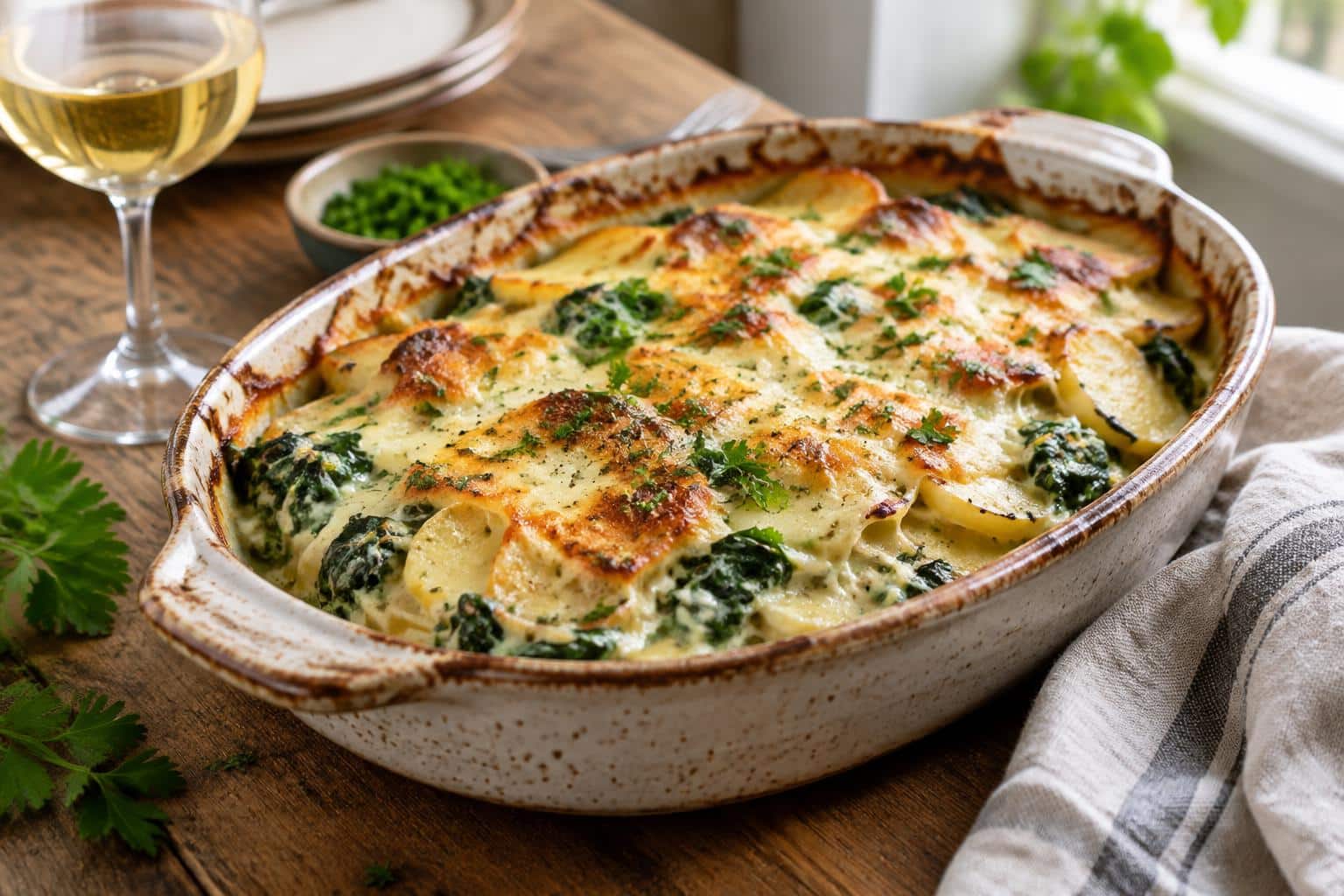 Creamy spinach casserole with potatoes baked to golden perfection garnished with parsley