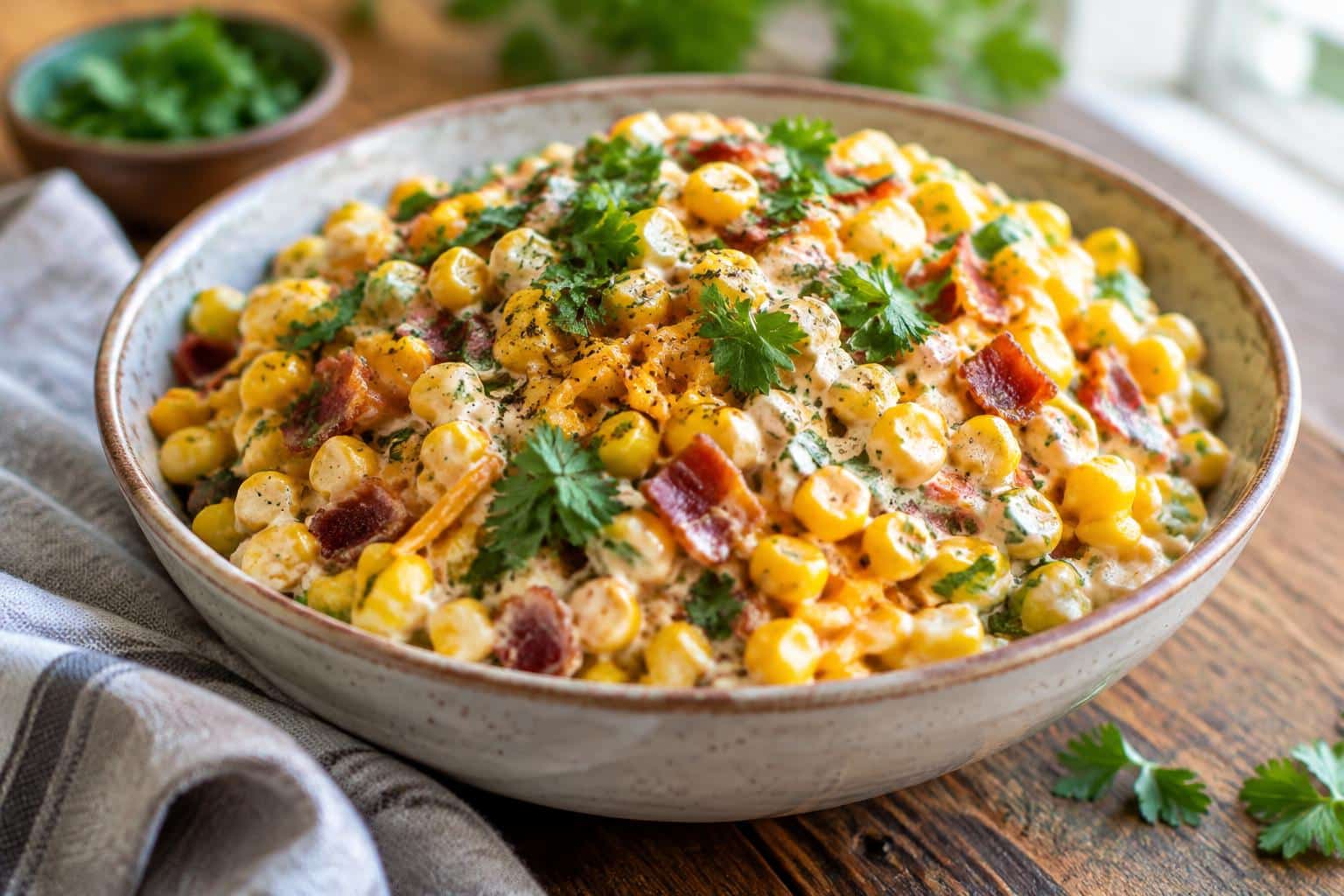 Creamy sweet and savory crack corn salad in a rustic bowl with fresh herbs garnish
