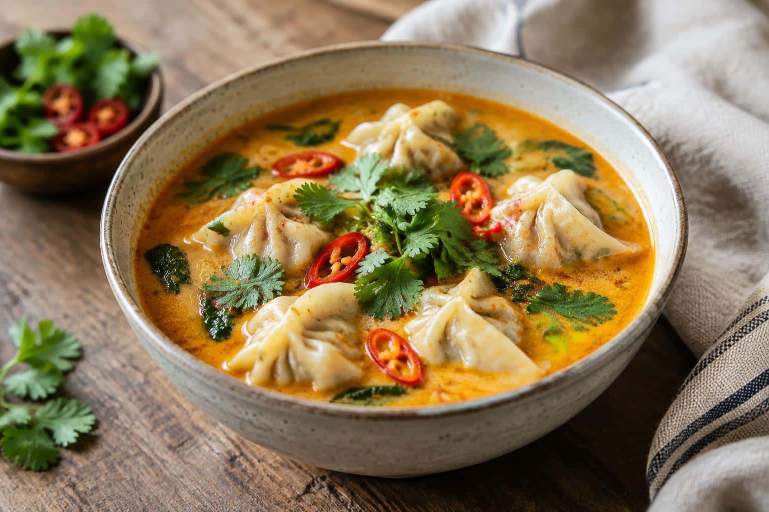 Bowl of creamy thai coconut curry soup with dumplings and fresh cilantro garnish