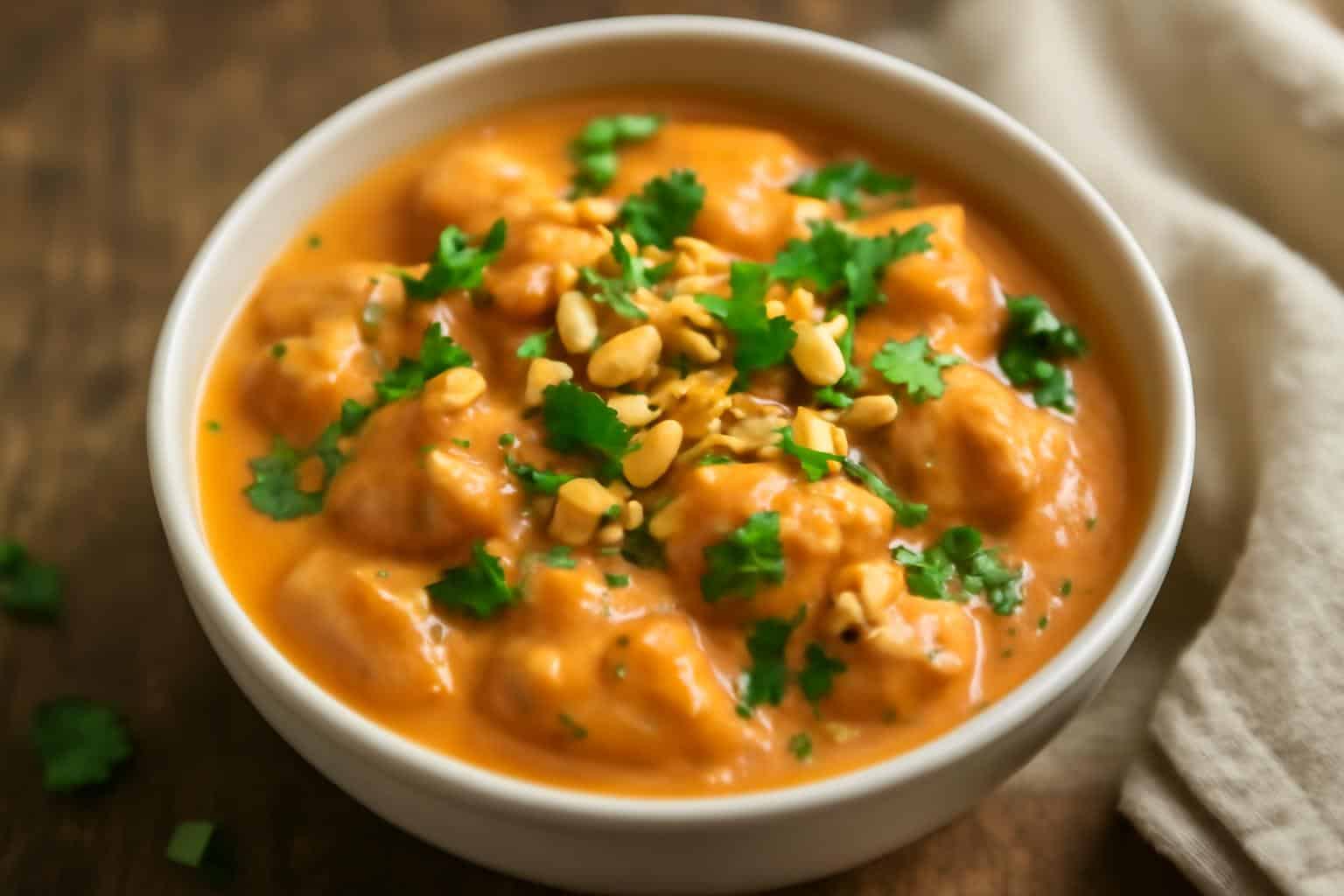 Creamy Thai peanut chicken served in a bowl with chopped peanuts and cilantro garnish