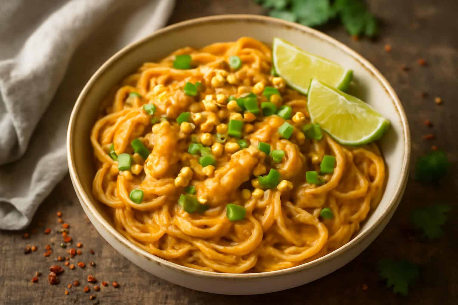 Creamy Thai peanut chicken noodle bowl with fresh cilantro and chopped peanuts