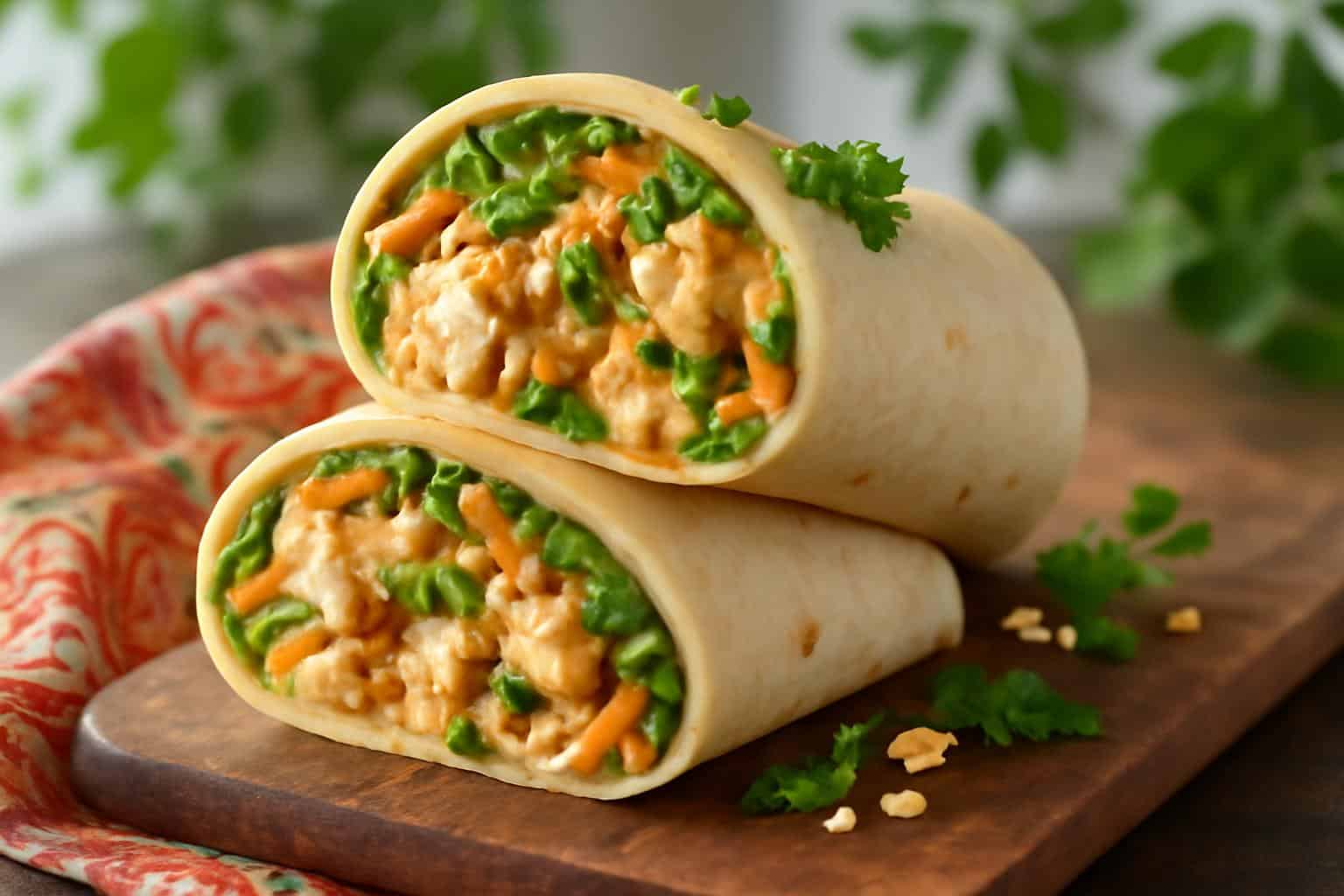 Easy creamy Thai peanut chicken wraps sliced open showing sauce and fresh vegetables