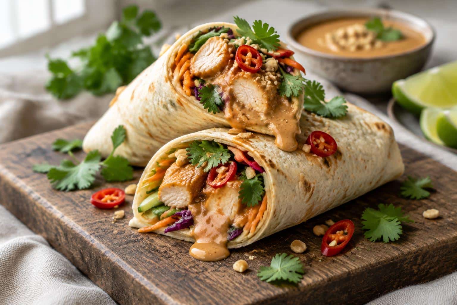 Creamy Thai peanut chicken wraps on rustic board garnished with cilantro and chili, thai peanut chicken wraps