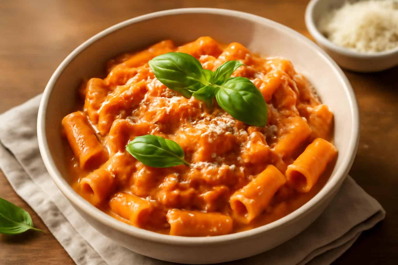 Creamy tomato garlic pasta garnished with fresh basil and Parmesan cheese