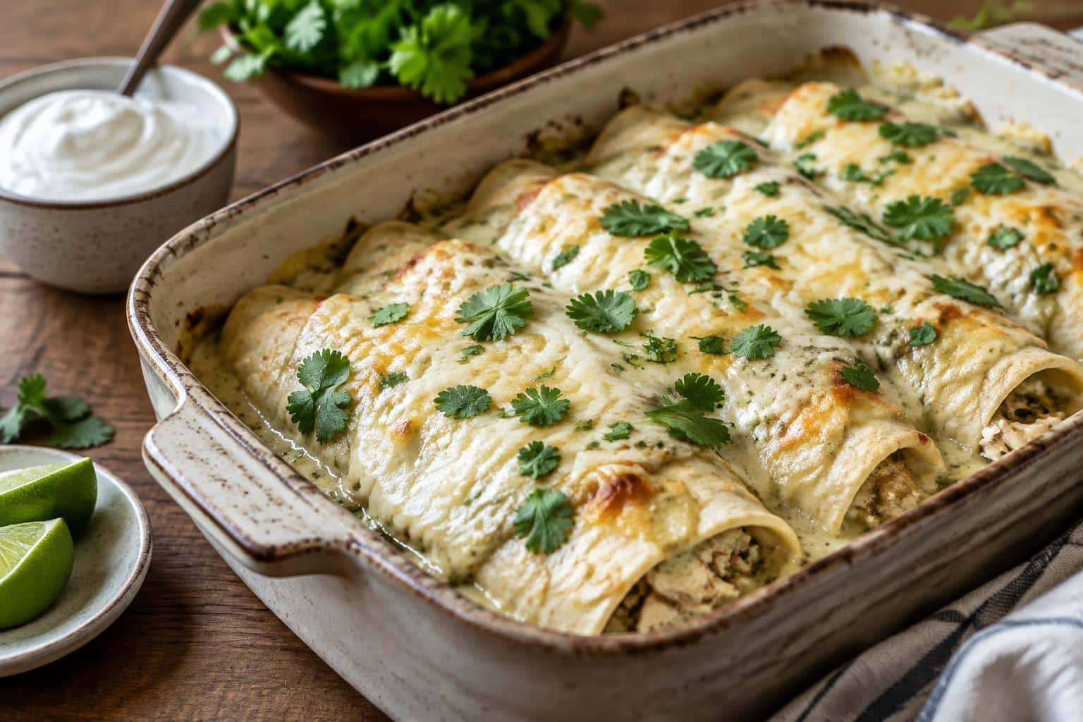 Creamy white chicken enchiladas in baking dish garnished with cilantro and melted cheese