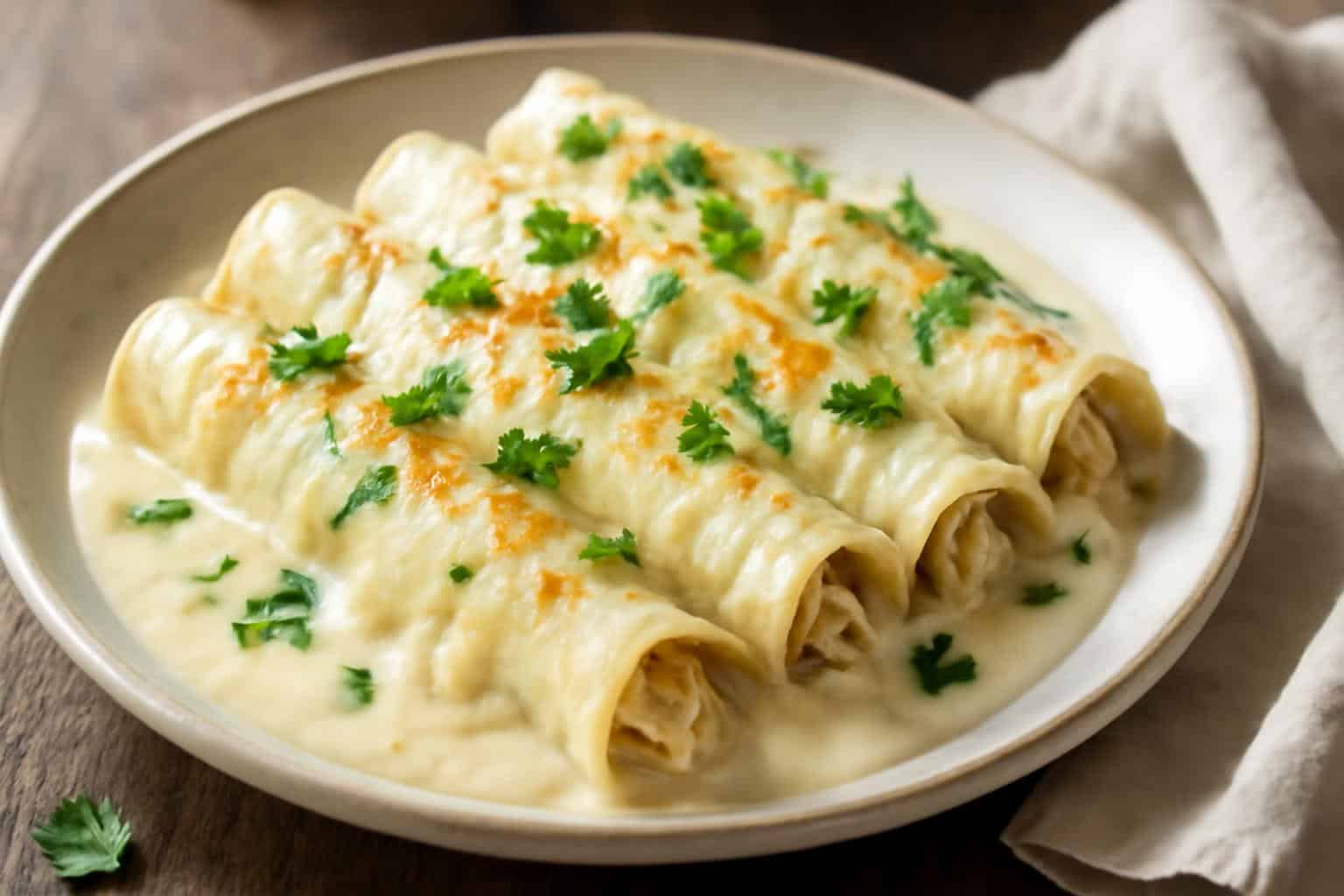 Creamy white chicken enchiladas topped with melted cheese and fresh cilantro on a rustic plate