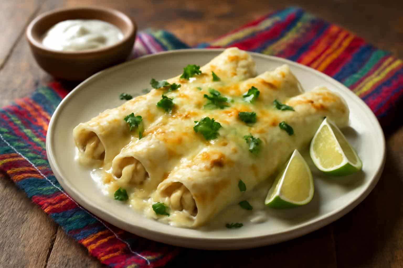 Creamy white chicken enchiladas topped with melted cheese and fresh cilantro in natural light