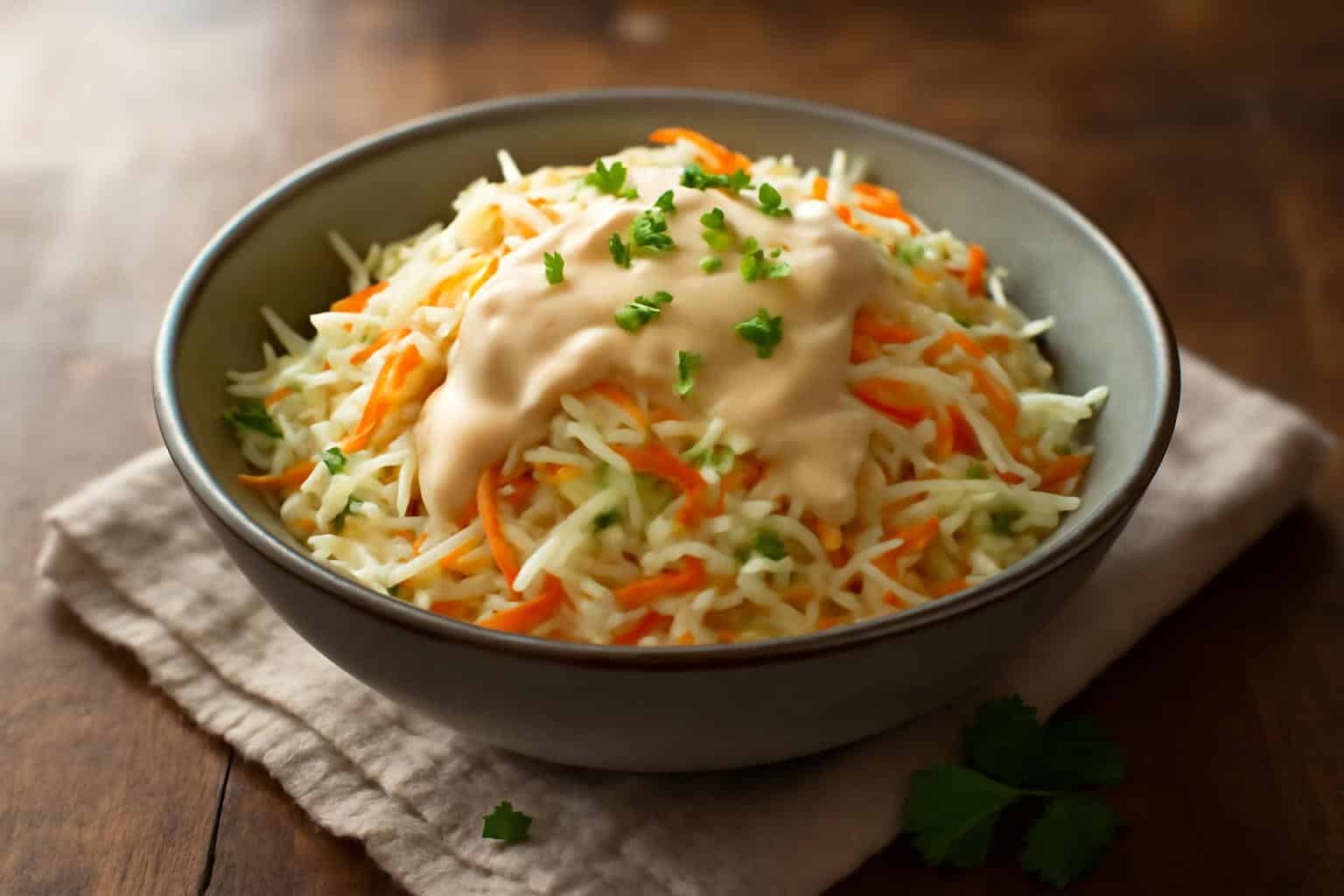 Creamy zesty coleslaw dressing drizzled over fresh shredded cabbage and carrots in a bowl