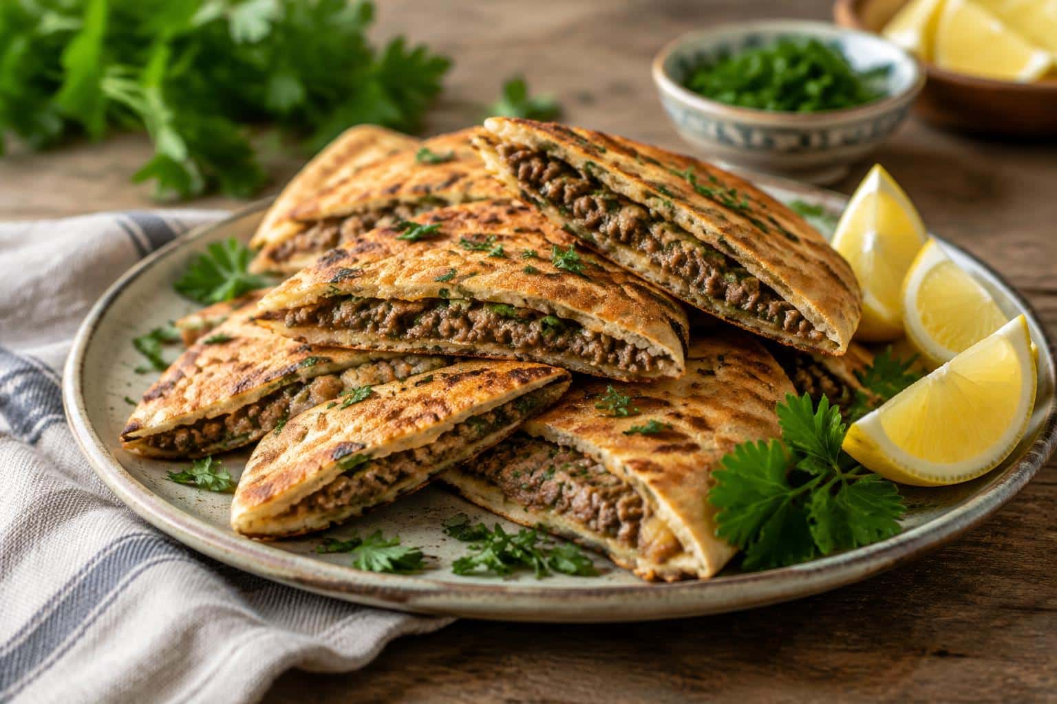 crispy arayes Lebanese pita stuffed with spiced meat on rustic wooden surface with parsley garnish