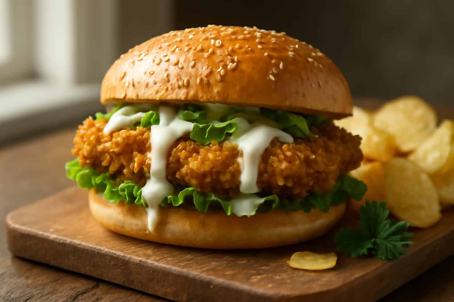 crispy chicken caesar sandwich with creamy dressing and lettuce on toasted bun