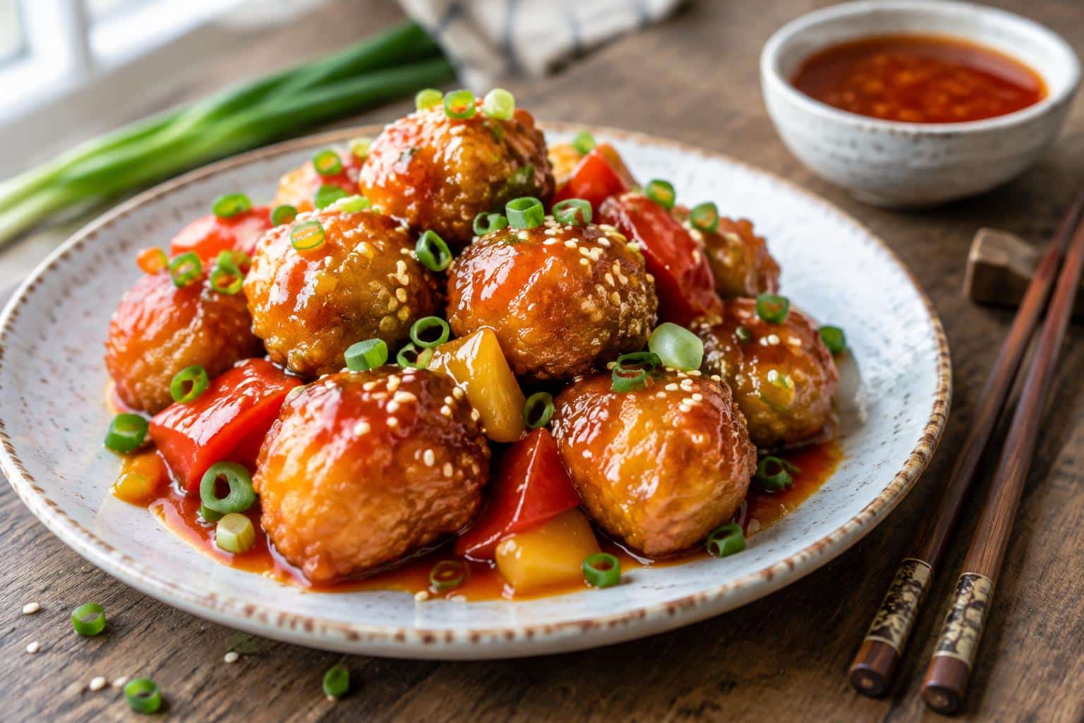 Crispy Chinese chicken balls with sweet and sour sauce garnished with green onions and sesame seeds