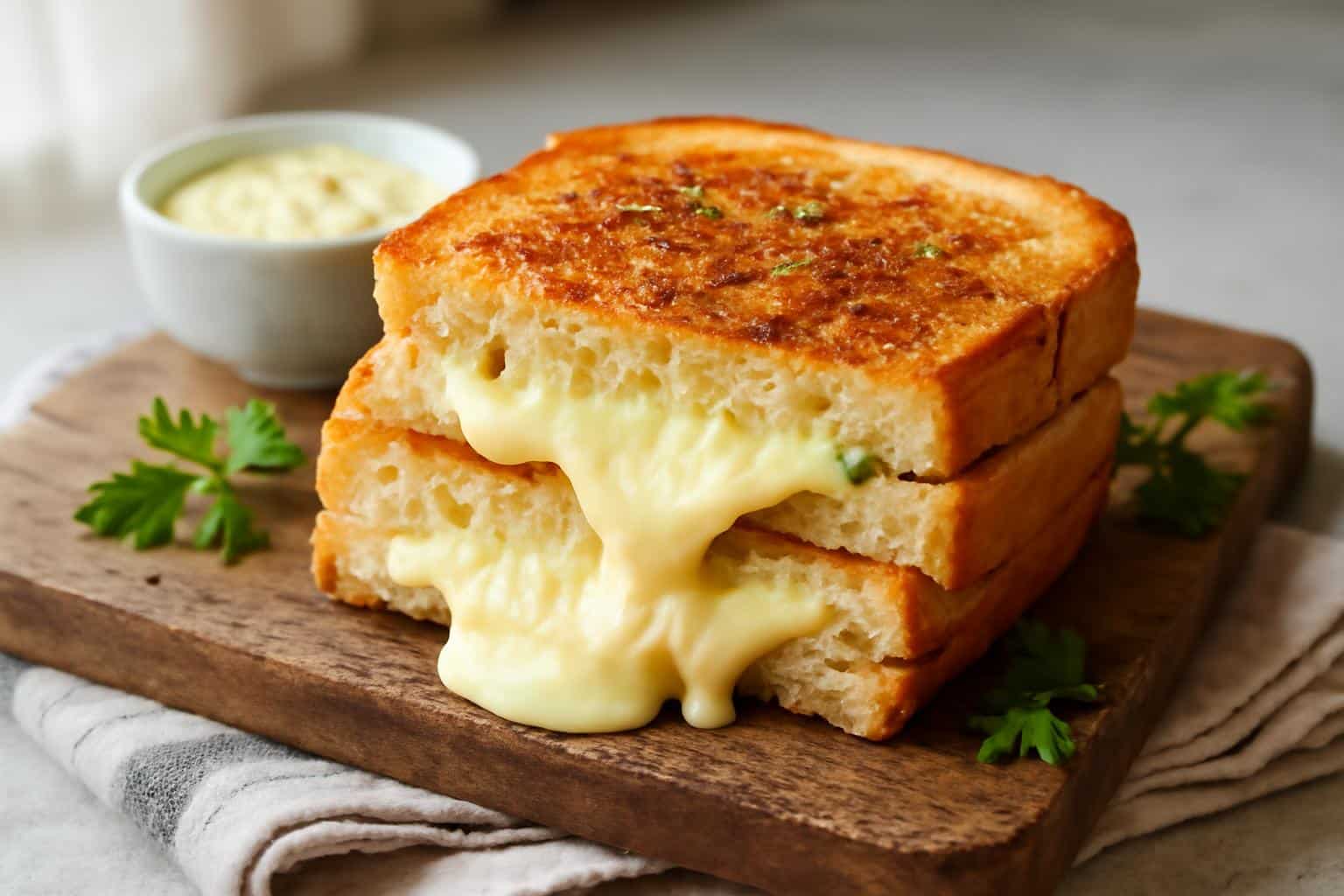 crispy toasted cuban garlic bread sandwich with melted cheese and parsley garnish