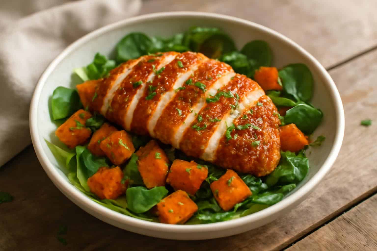 Crispy maple dijon chicken bowl with roasted sweet potatoes and fresh herbs