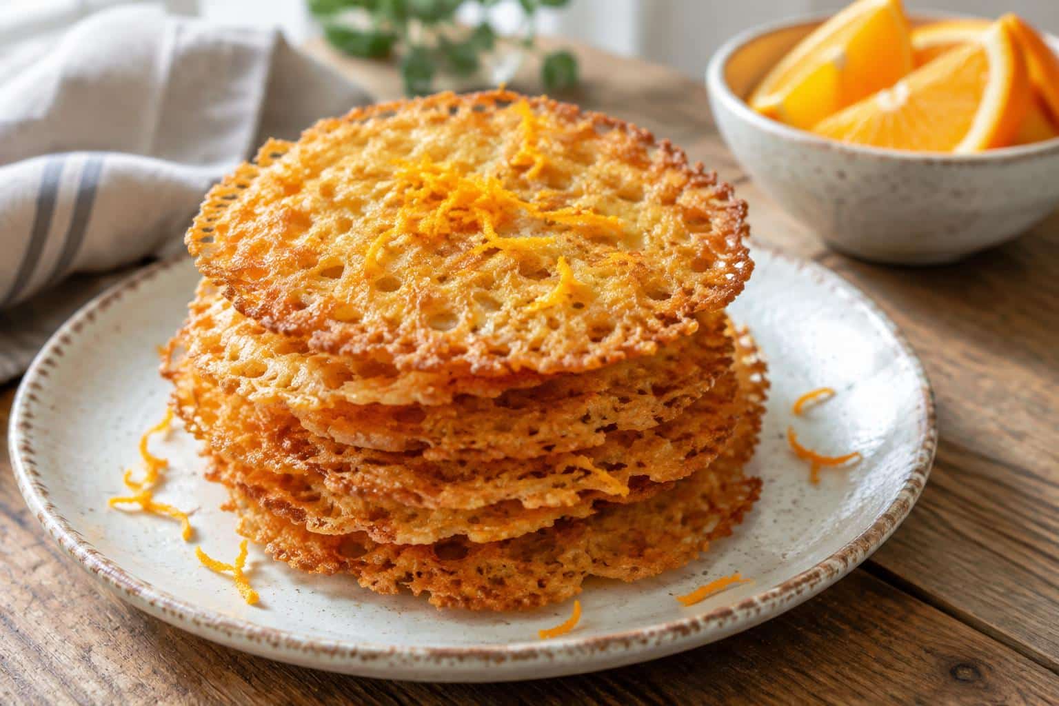 A stack of crispy orange lace cookies showing delicate lacy texture and bright orange zest garnish
