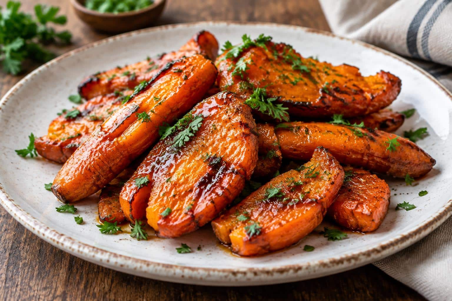 crispy smashed carrots with sweet glaze on a rustic plate garnished with parsley