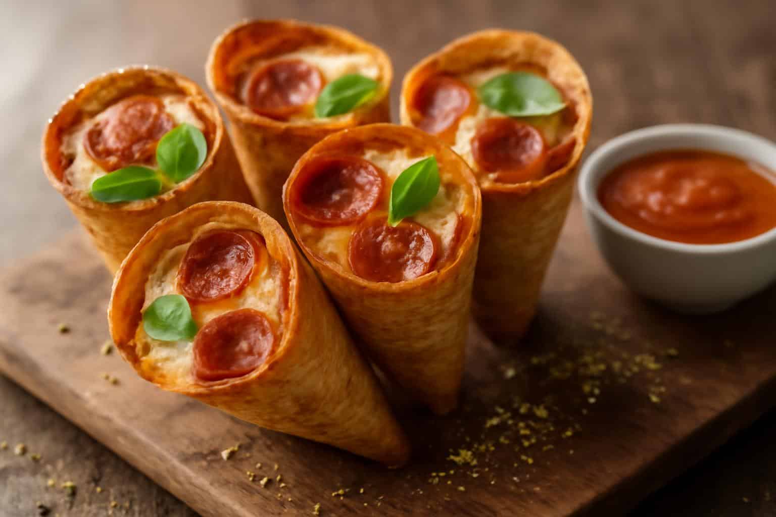 crispy tortilla pizza cones filled with cheese and pepperoni on a rustic wooden surface