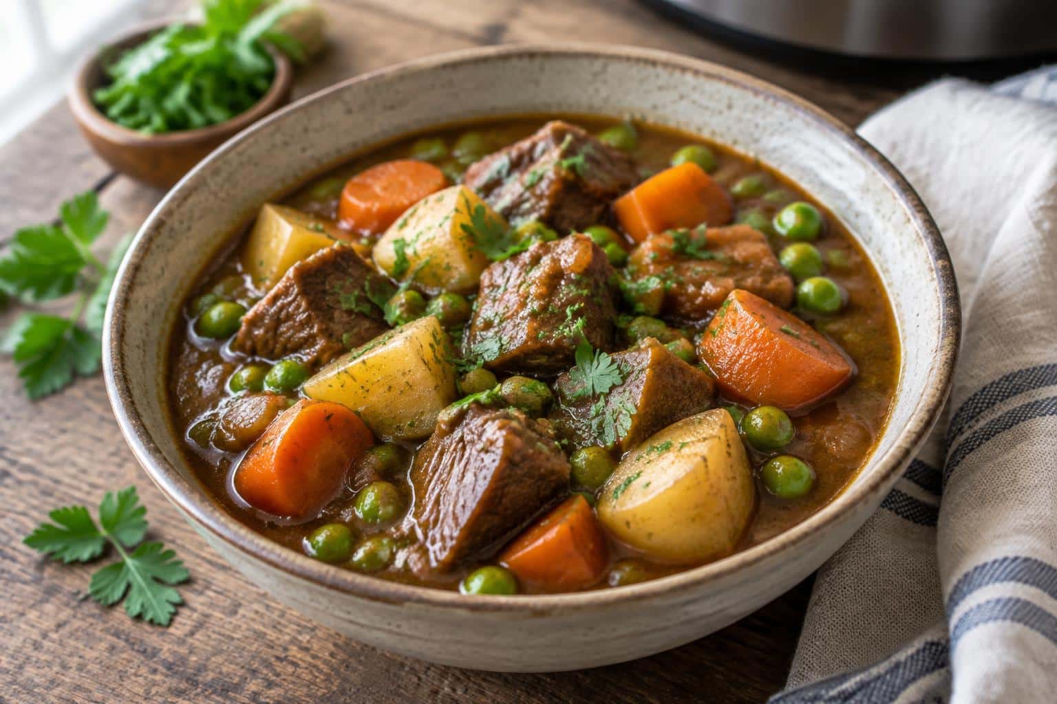 Easy crock pot beef stew with tender beef, carrots, potatoes, and parsley garnish