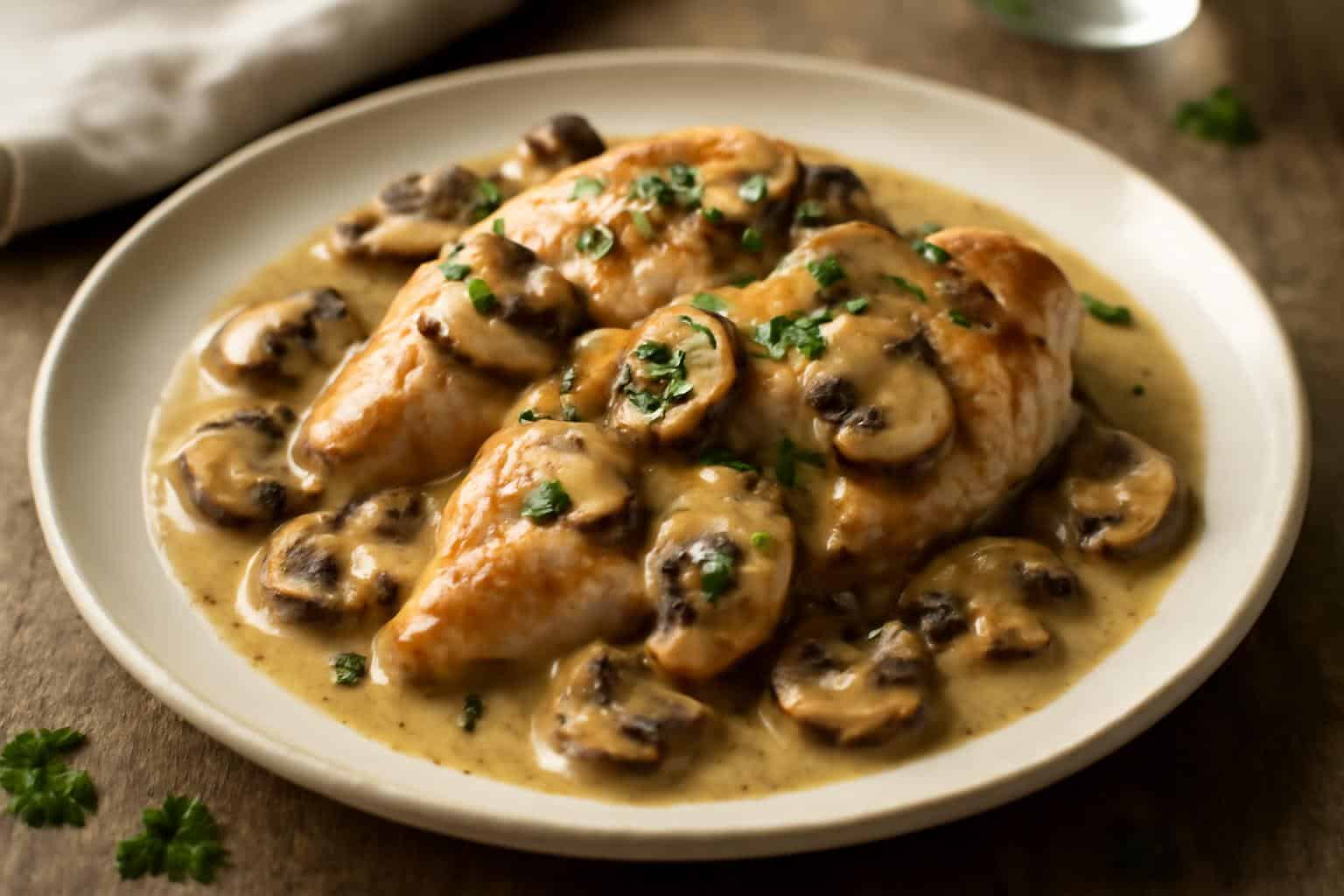 Plate of crock pot chicken marsala with creamy mushroom sauce and fresh parsley garnish
