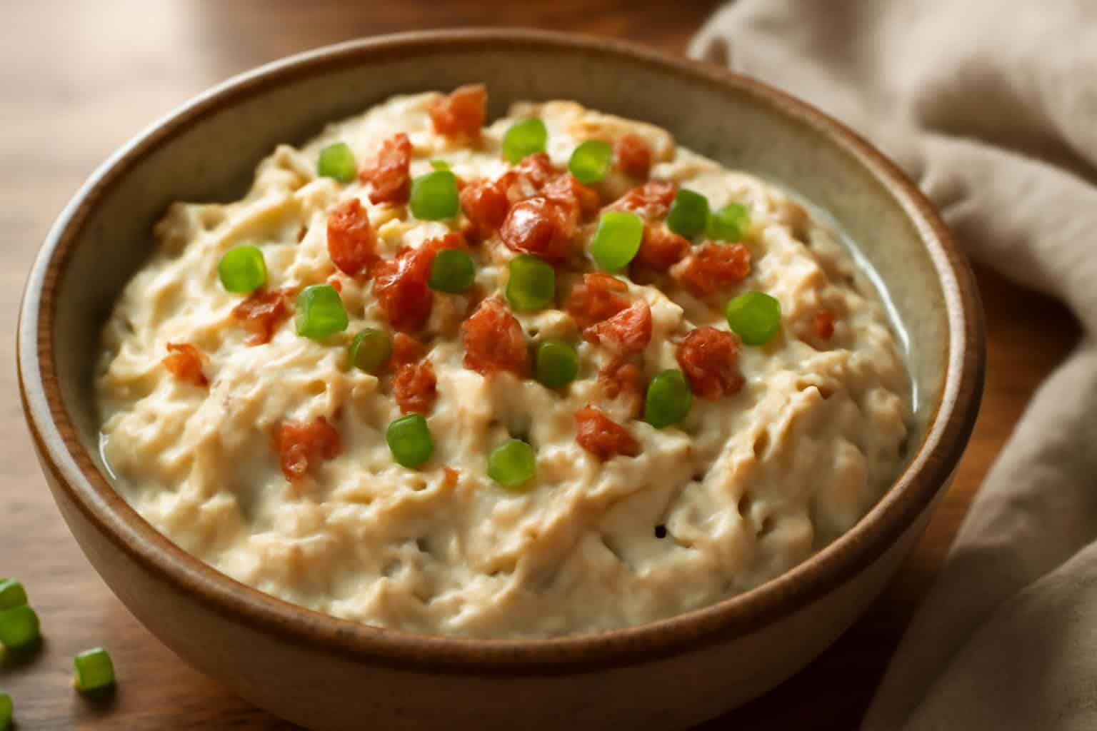 Creamy crock pot crack chicken garnished with green onions and bacon bits in a rustic bowl