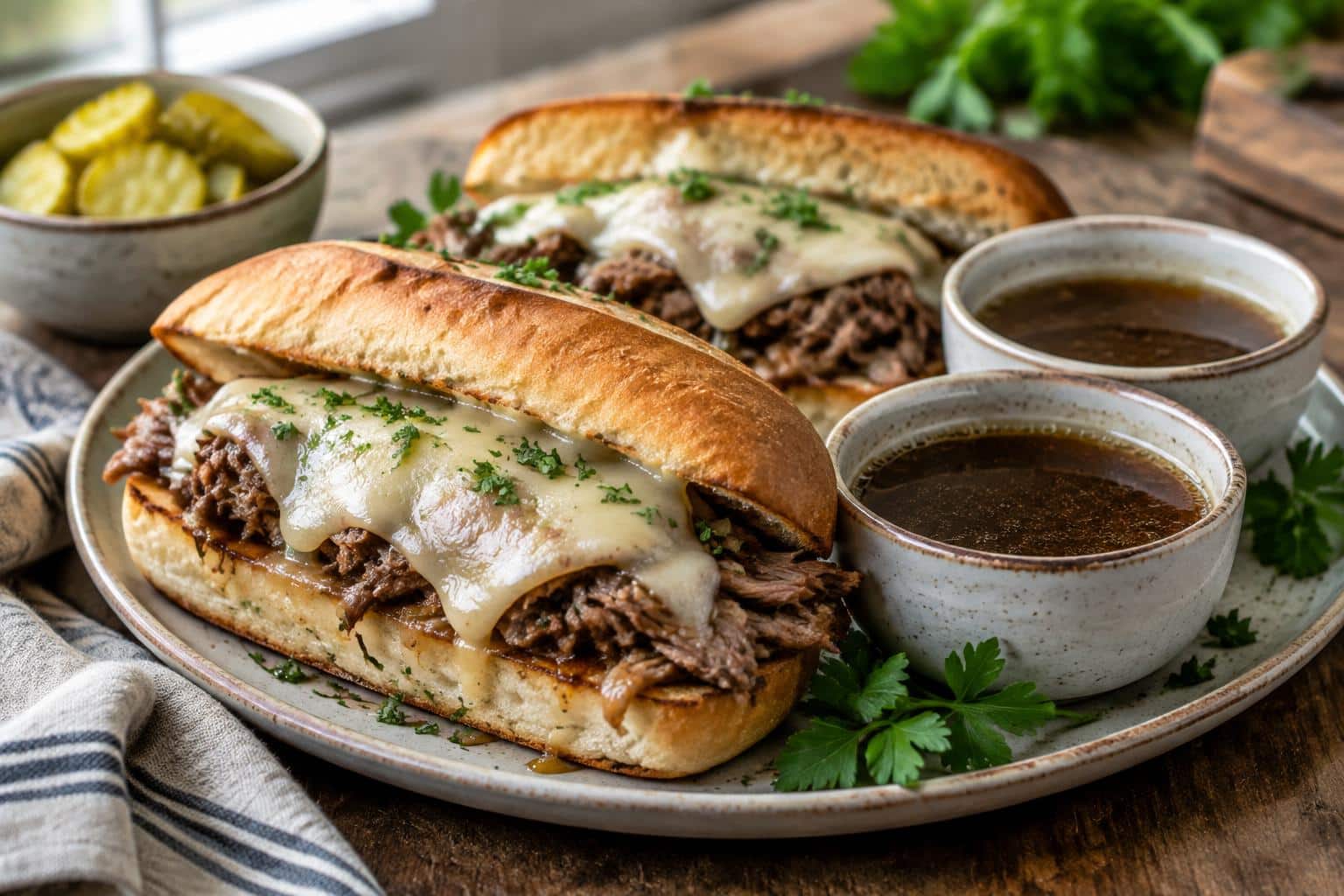 Crock pot french dip chicken sandwiches with au jus dipping sauce on a rustic wooden table