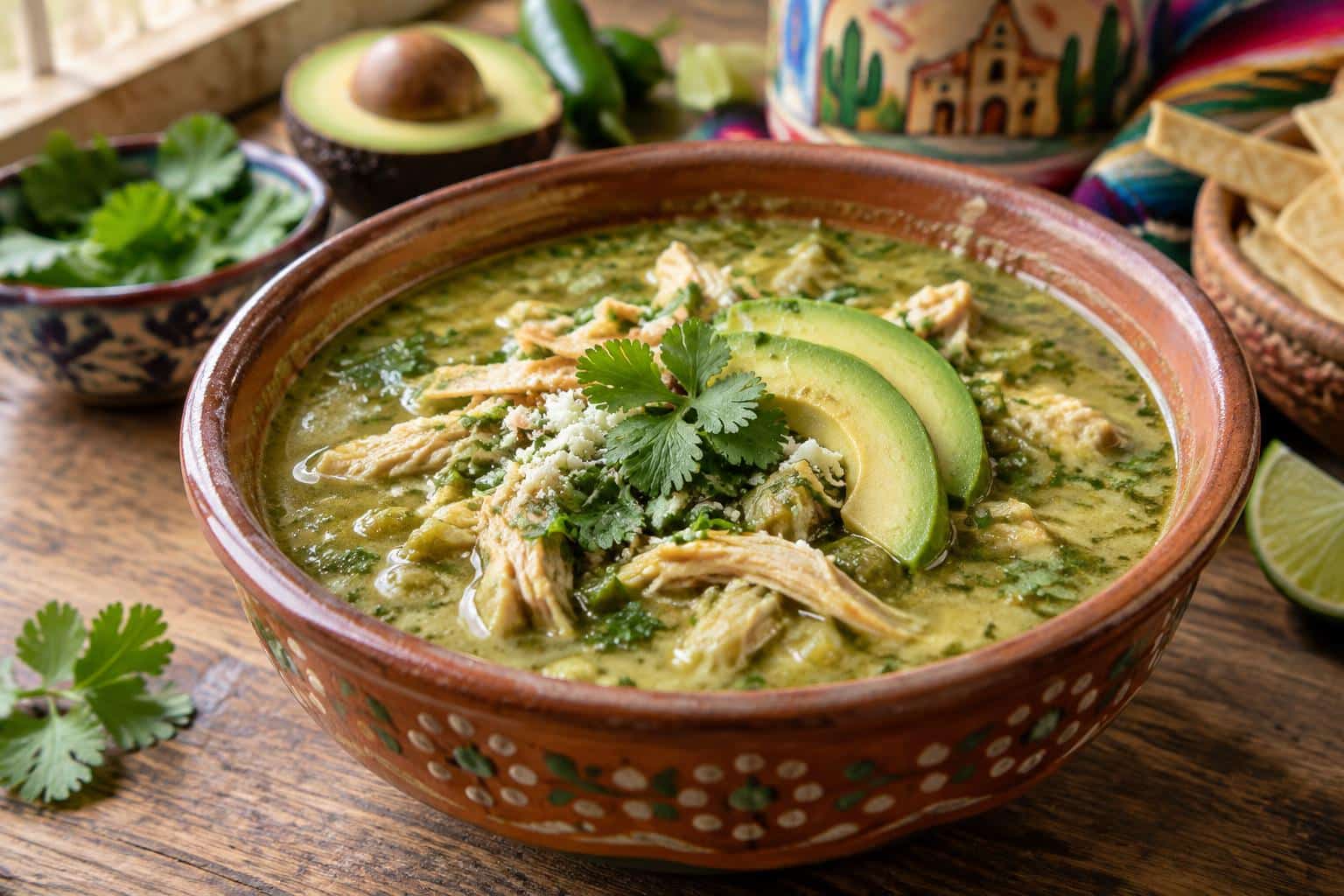 Bowl of green enchilada chicken soup garnished with cilantro and avocado, slow cooking recipe