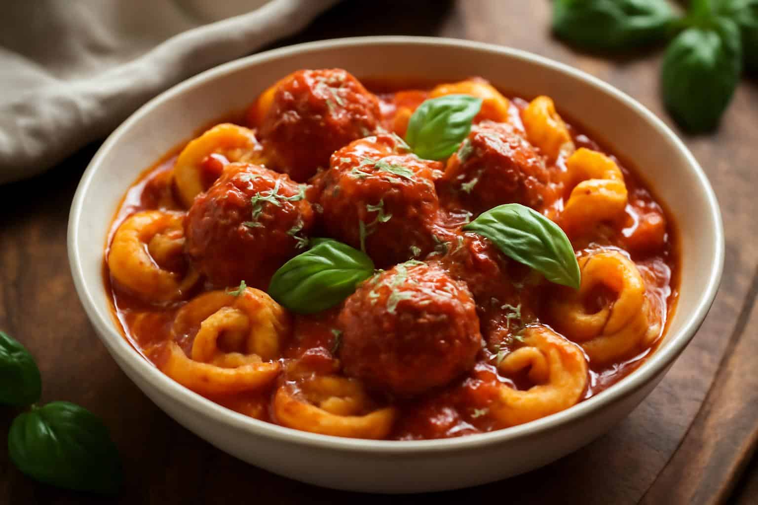 Bowl of crock pot meatballs and tortellini in tomato sauce garnished with basil and Parmesan