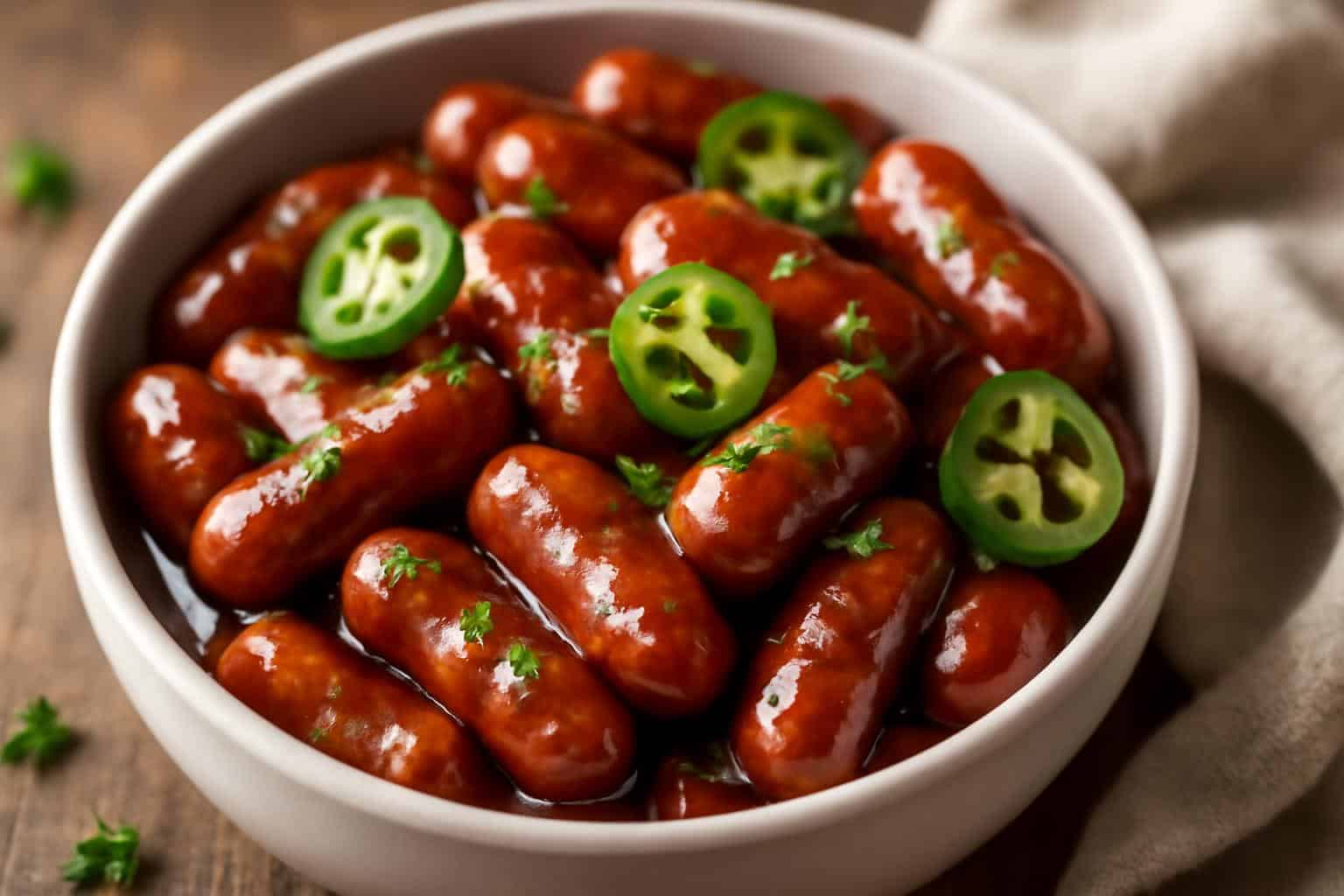Easy crock pot Mississippi Lit'l Smokies party appetizer in a bowl garnished with parsley and jalapeños