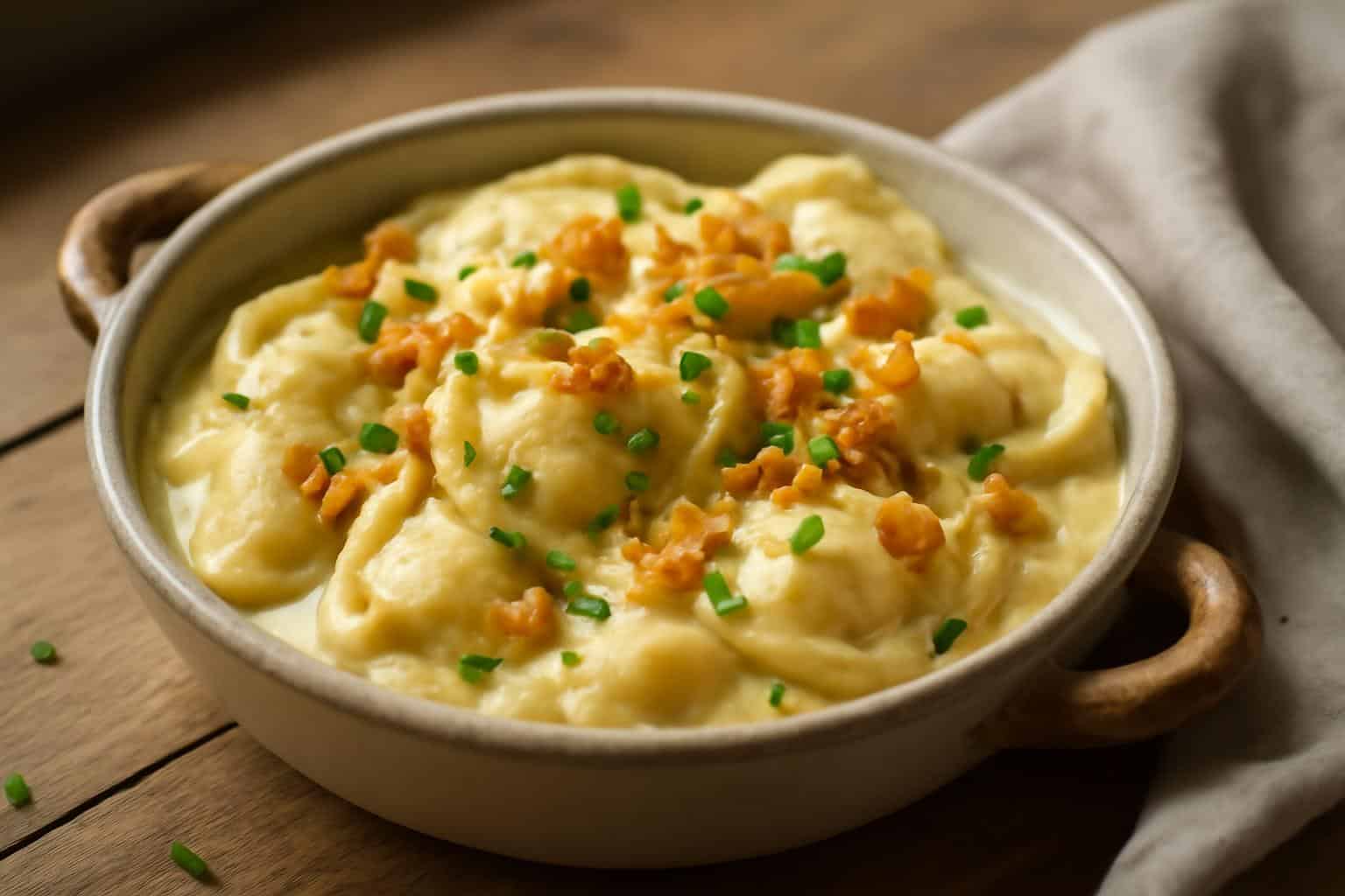 Creamy crock pot pierogi casserole garnished with chives and crispy onions on wooden table