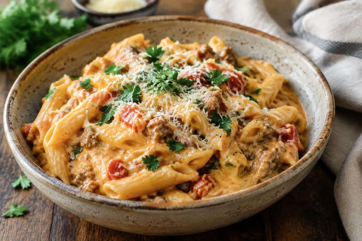 Creamy crock pot rotel pasta served in bowl garnished with parsley and cheese