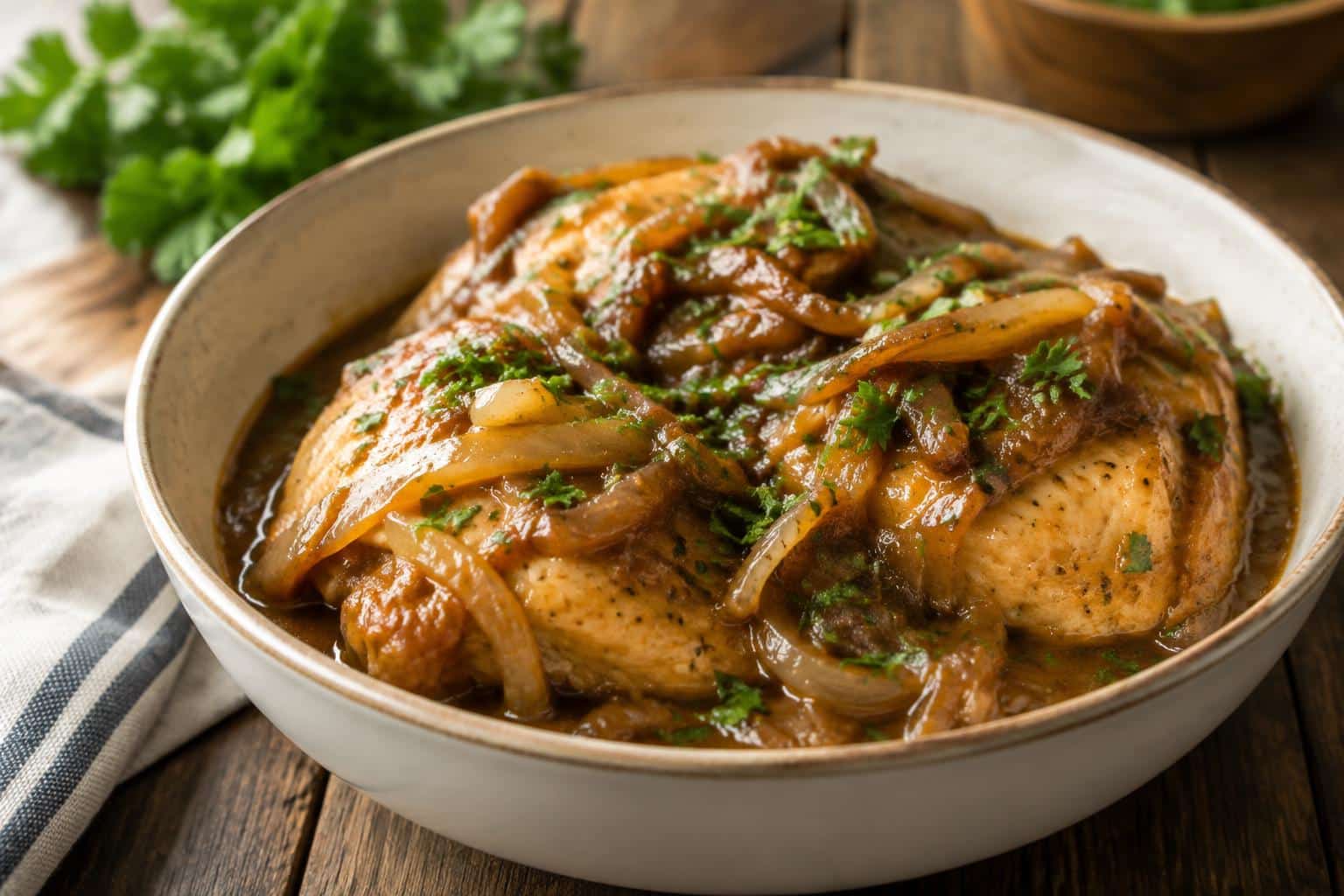Tender crock pot smothered chicken topped with brown gravy and onions in a rustic bowl
