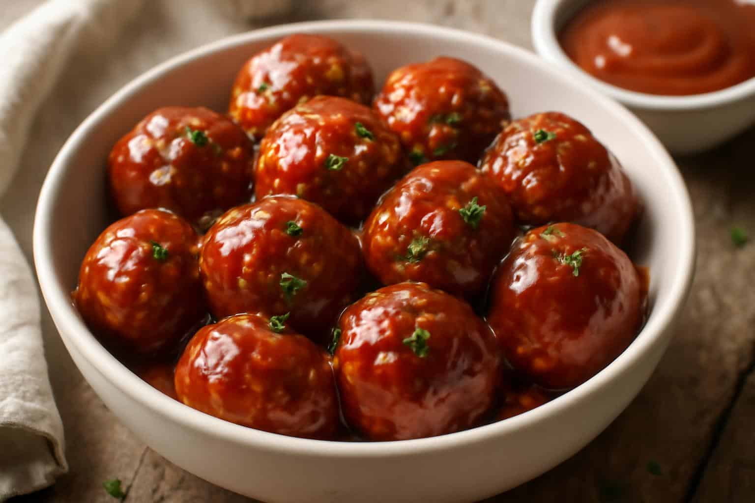 BBQ peach meatballs in a bowl garnished with parsley, showcasing bbq peach meatballs