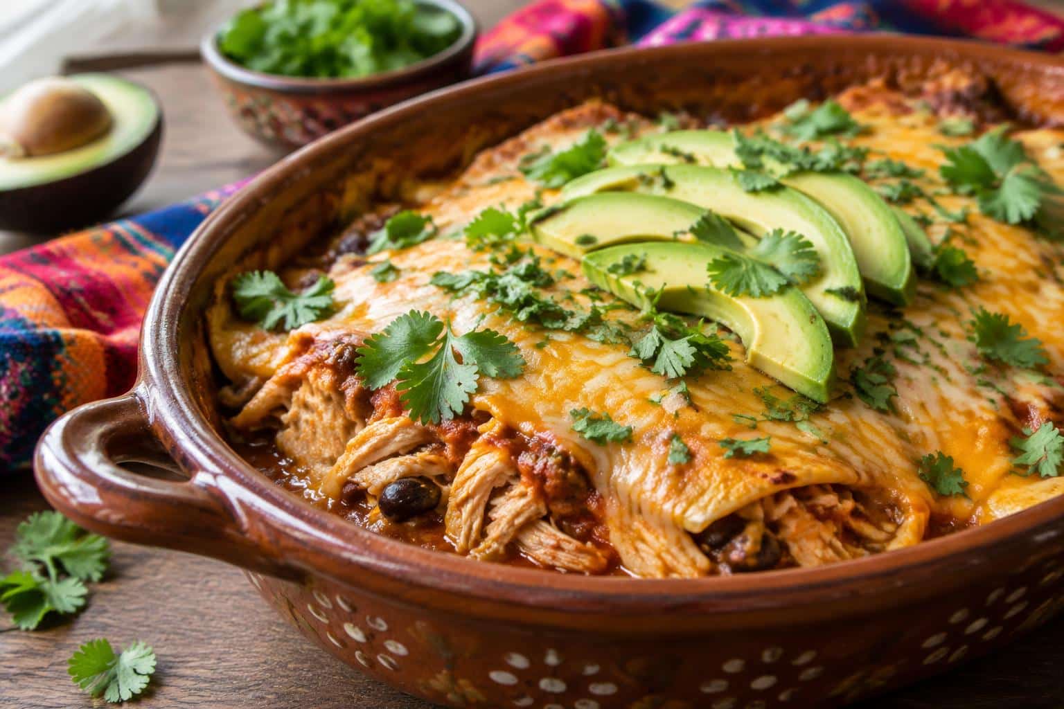 Crockpot chicken enchilada casserole garnished with cilantro and avocado slices