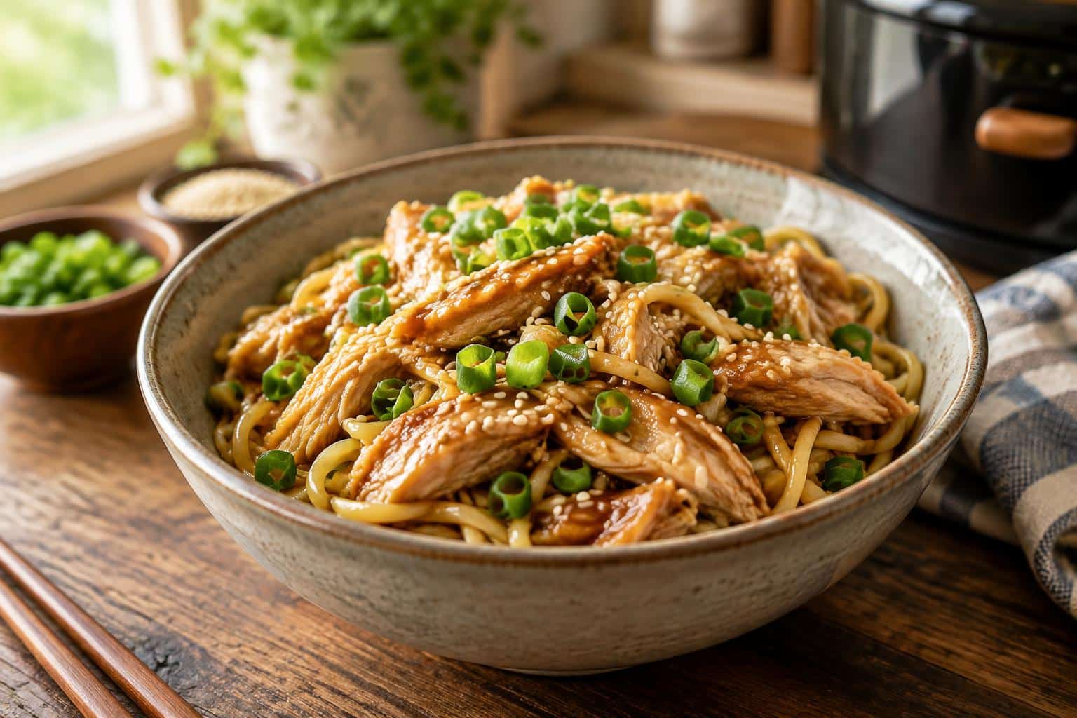 Bowl of honey garlic chicken noodles with green onions and sesame seeds, showcasing honey garlic chicken noodles