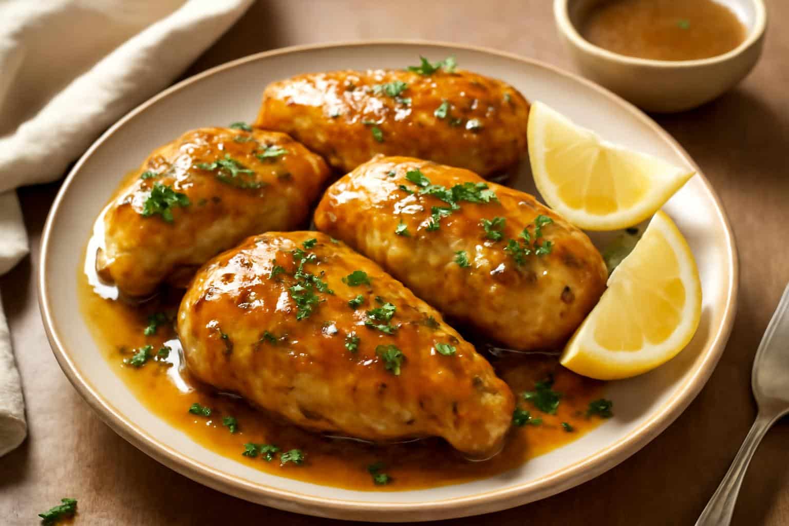 Crockpot honey mustard chicken garnished with parsley and lemon wedges served on a rustic plate