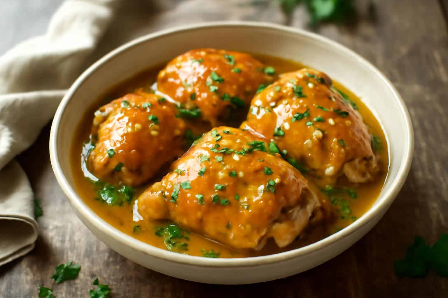 Tender crockpot honey mustard chicken in a bowl garnished with fresh parsley