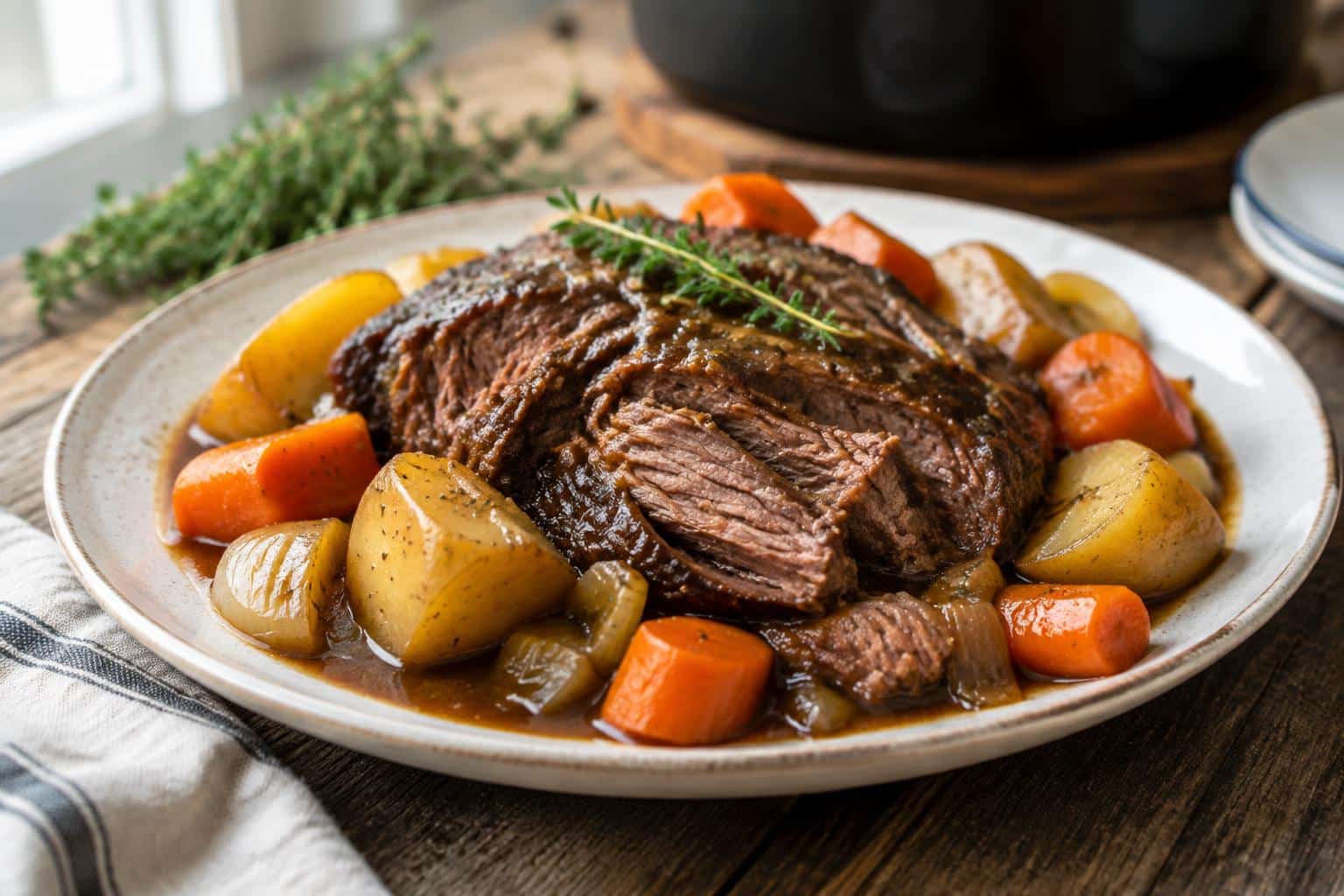 crockpot pot roast with tender vegetables and rich gravy served on rustic plate