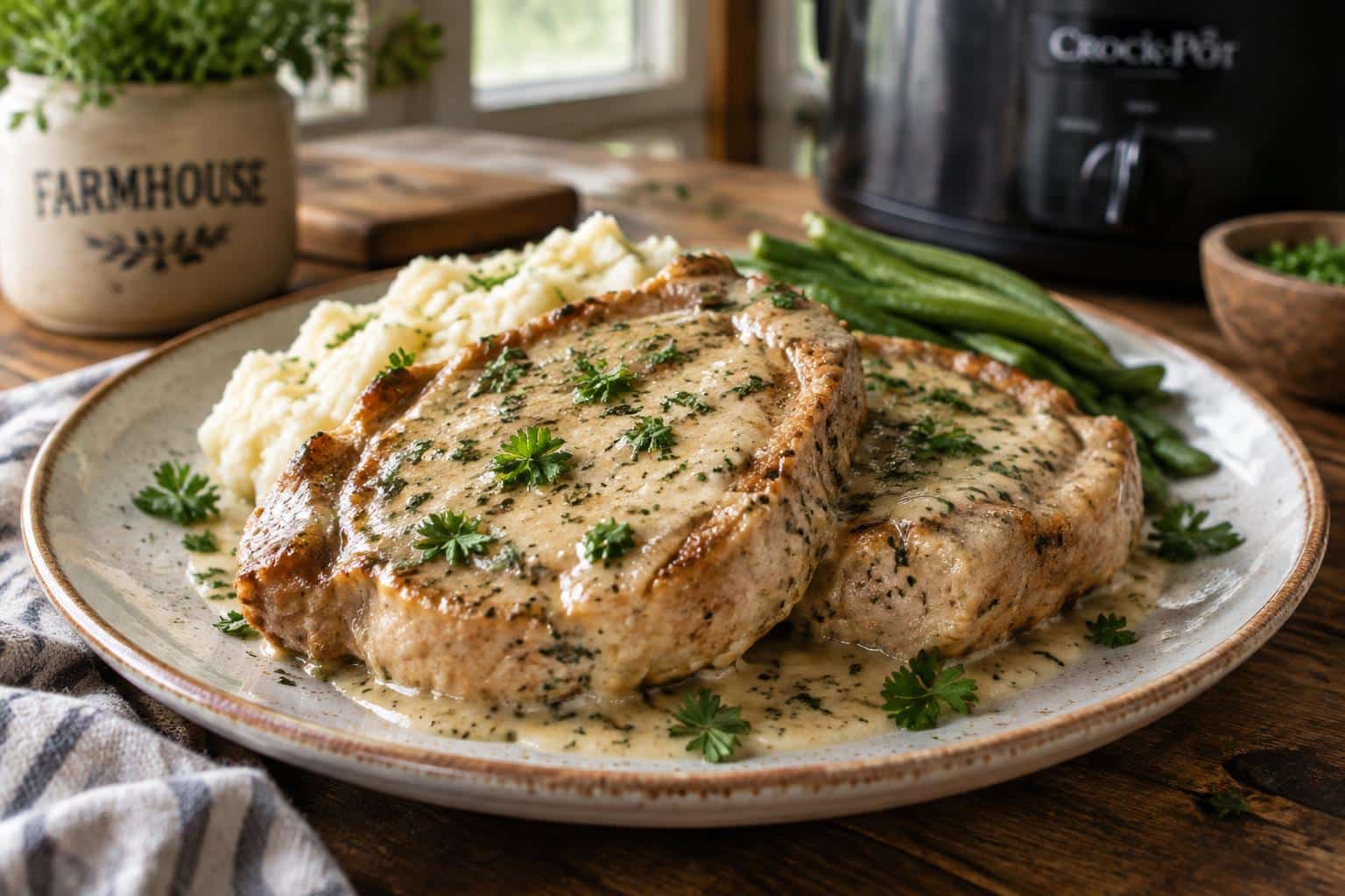 Juicy crockpot ranch pork chops garnished with fresh parsley on a rustic plate