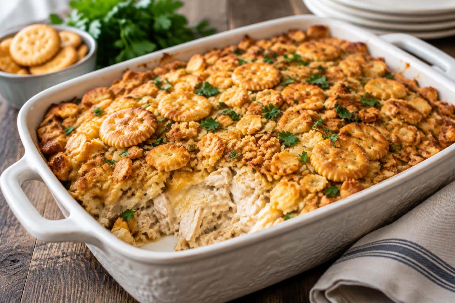 Crockpot Ritz cracker chicken casserole with golden Ritz cracker topping and fresh parsley garnish