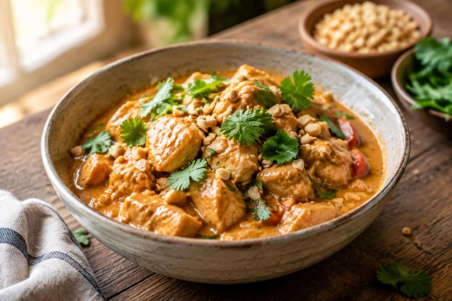 Creamy thai peanut chicken served in a bowl with garnish, showcasing slow cooked flavors
