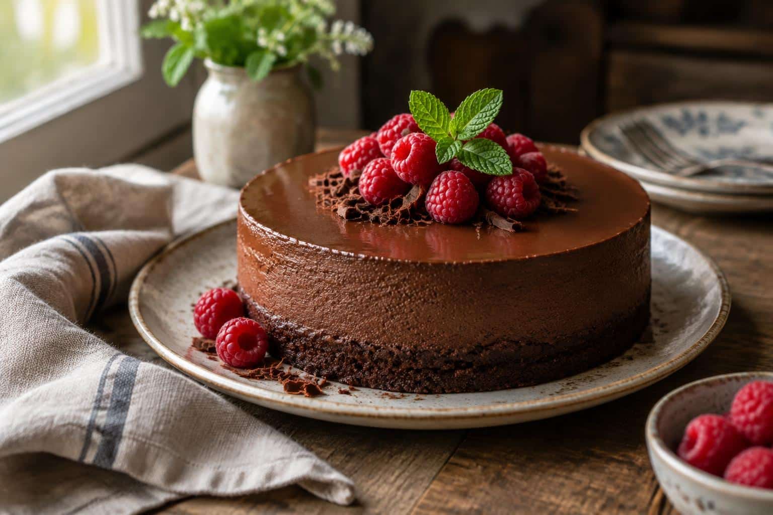 Easy dark chocolate mousse cake garnished with raspberries and mint on rustic wooden table