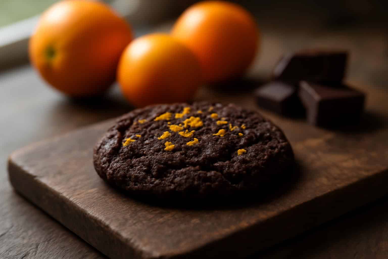 Close-up of dark chocolate orange cookies showcasing crunchy texture and orange zest