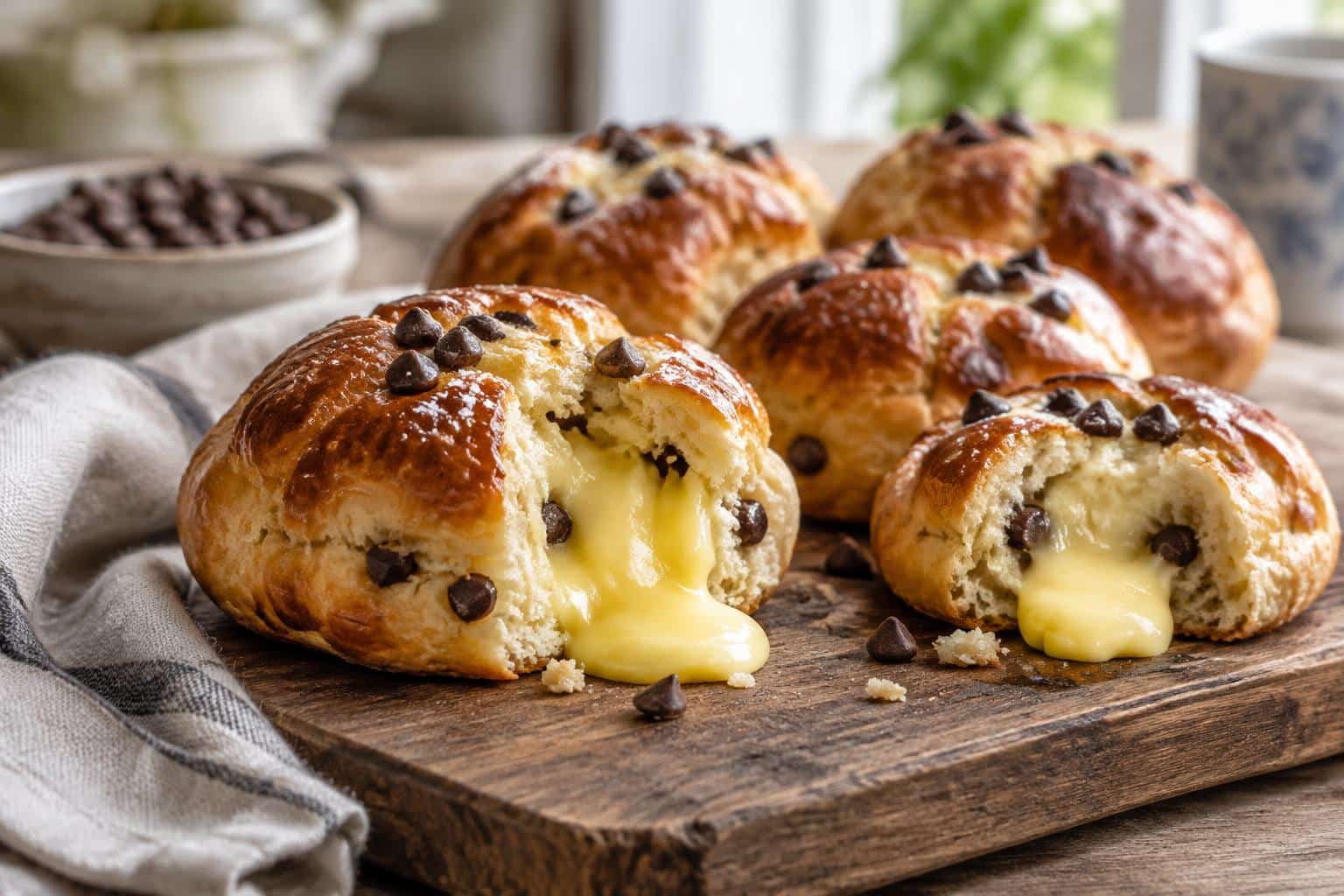 Freshly baked chocolate chip brioches with creamy vanilla custard filling on rustic board