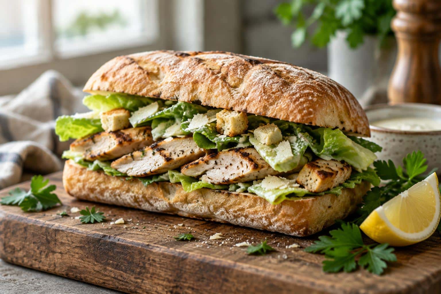 Grilled chicken caesar sandwiches on toasted bread with romaine and parmesan cheese