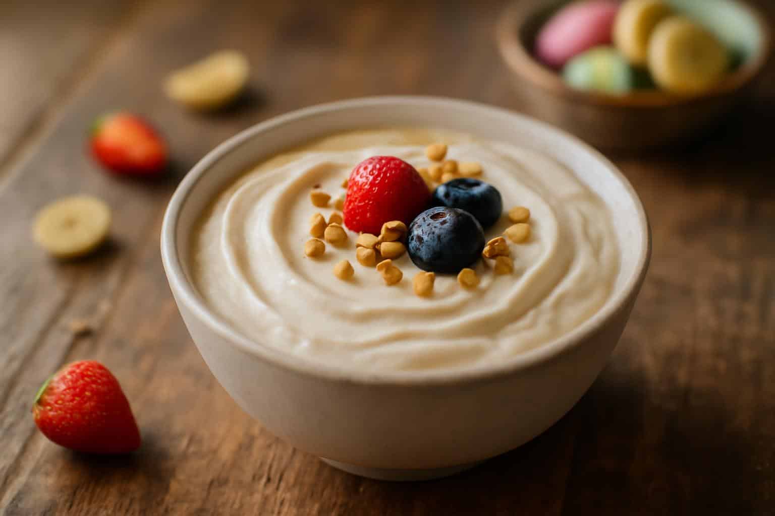 Creamy dessert dip in bowl garnished with fresh berries and nuts, perfect dessert dip